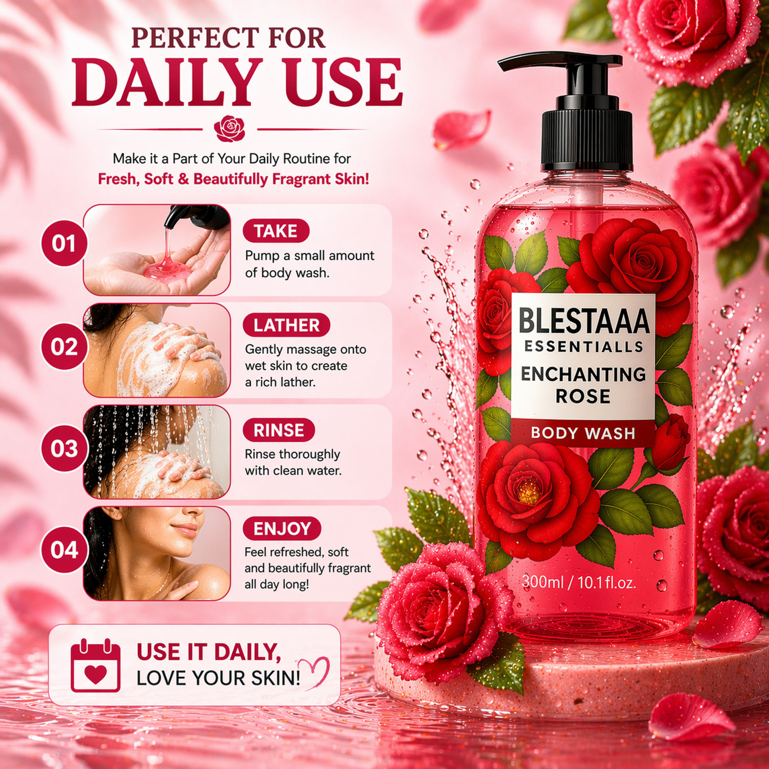 Image of blestaaa essentialss Rose Essence Body Wash for Deep Cleansing, Hydration and Skin Comfort