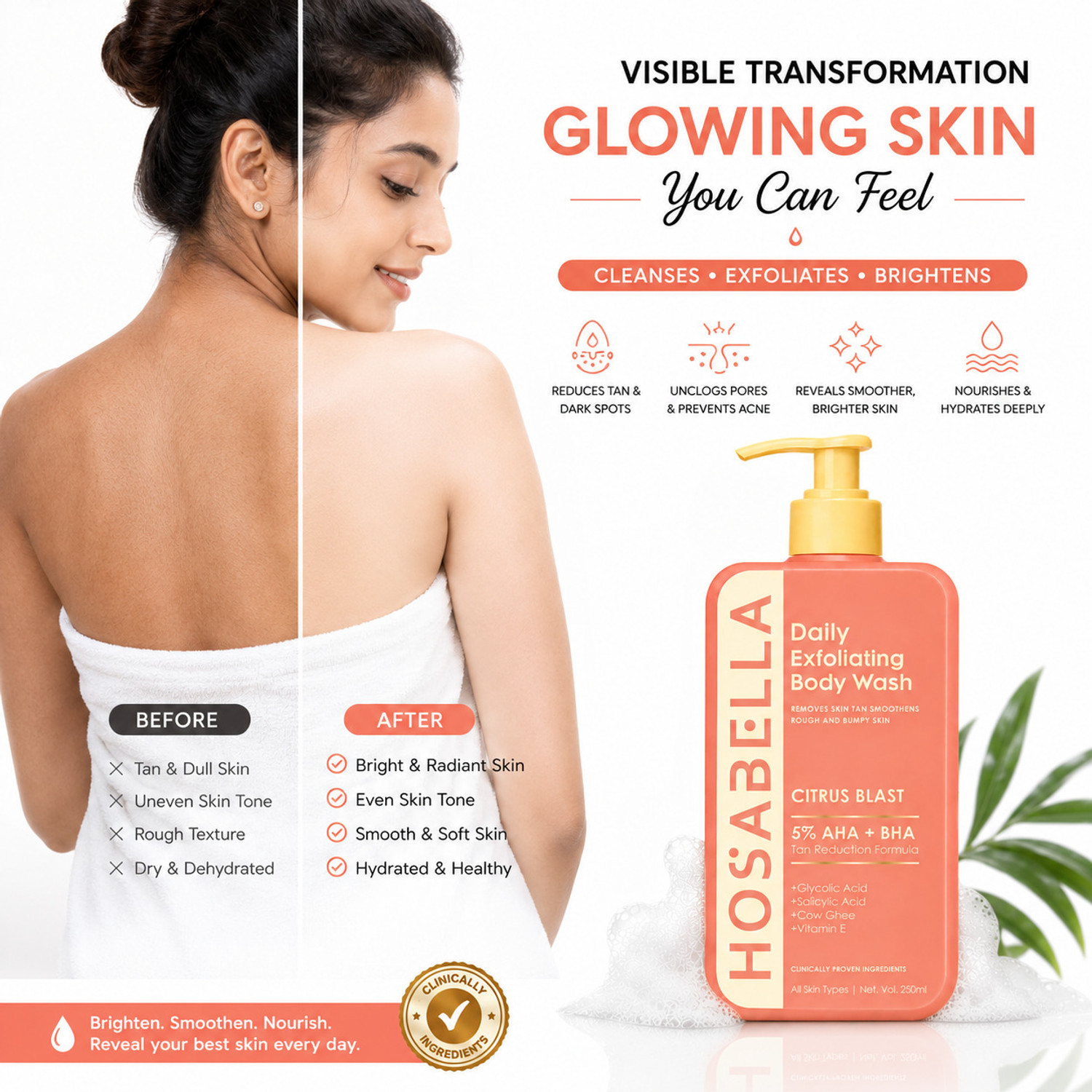 Image of HOSABELLA Citrus Blast Body Wash | Salicylic acid, 5% AHA + BHA Detan Formula