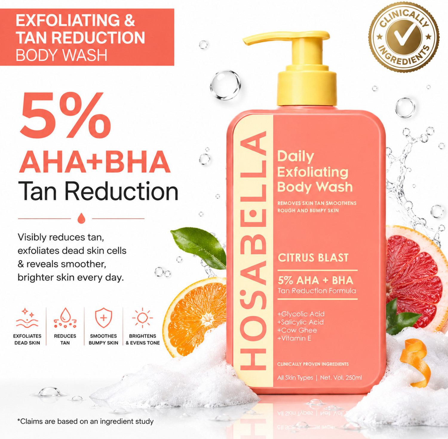 Image of HOSABELLA Citrus Blast Body Wash | Salicylic acid, 5% AHA + BHA Detan Formula