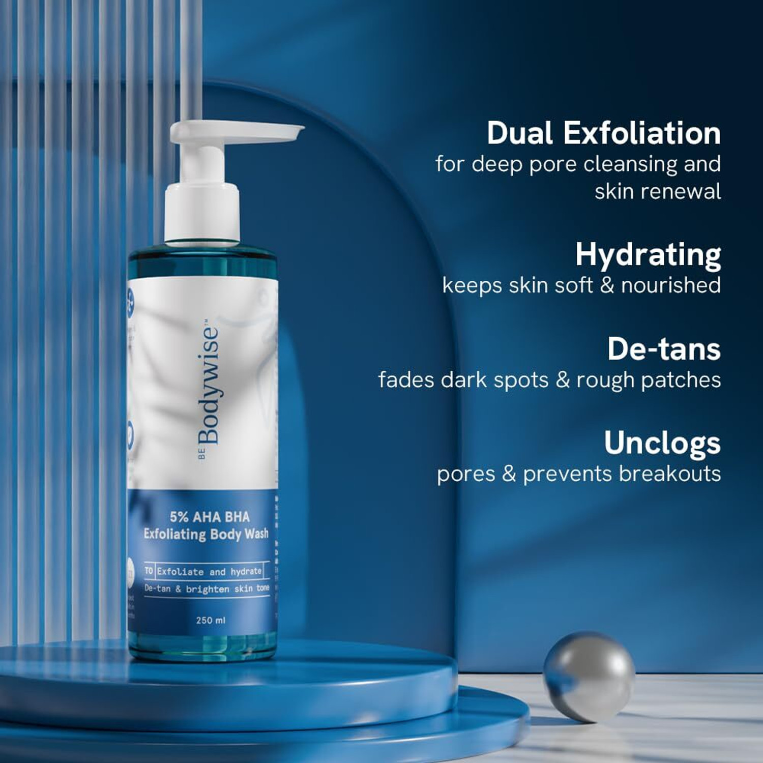 Image of Be Bodywise 5% AHA BHA Detan Exfoliating Body Wash with Natural Loofah | Shower Gel