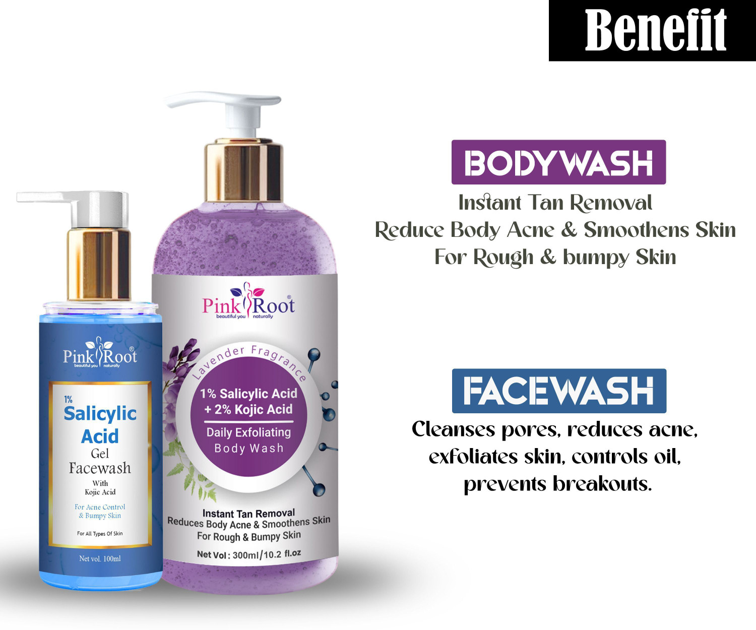 Image of Pink Root 1% Salicylic Acid & 2% Kojic Acid Shower Gel /Body Wash 300ml & Face wash 100ml