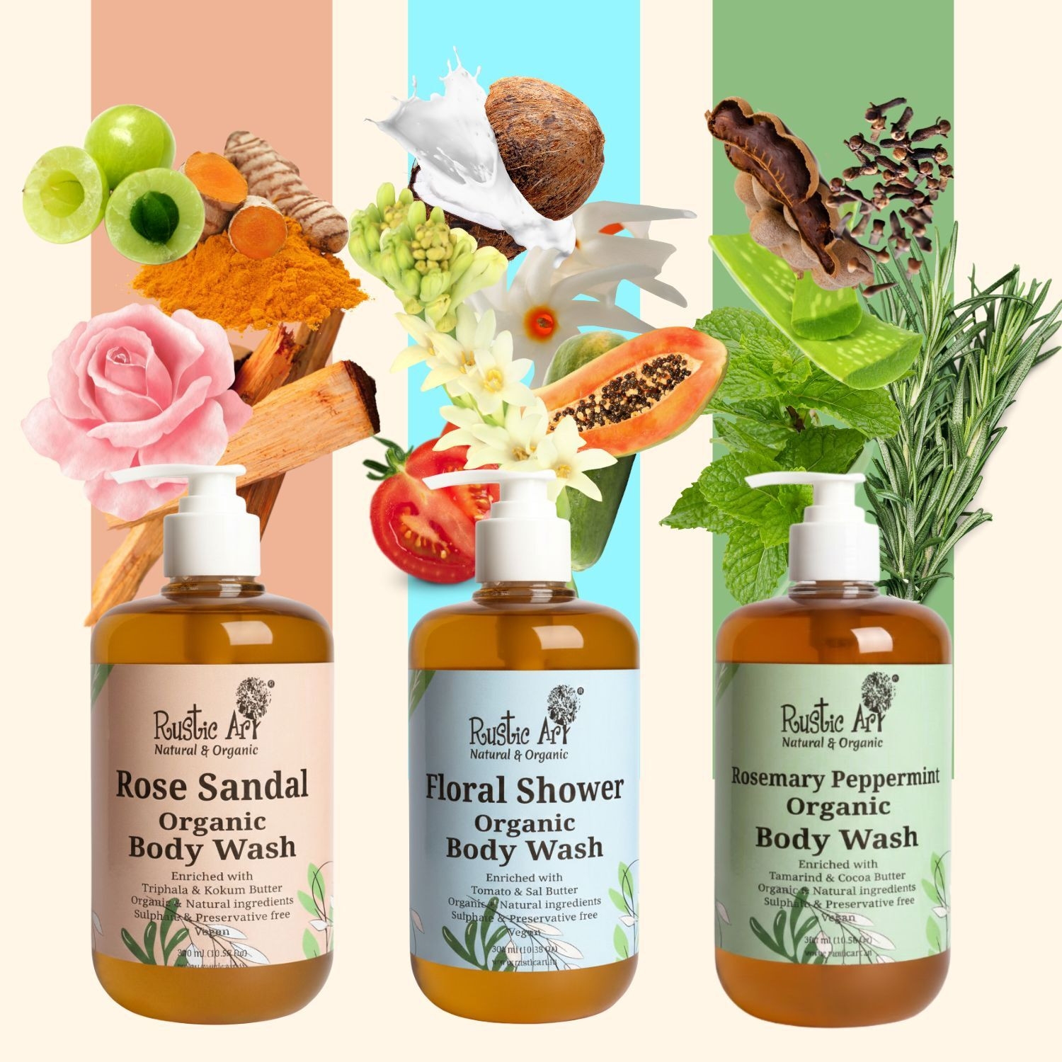 Image of RUSTIC ART Organic Body Wash Combo Rose Sandal|Floral Shower|Rosemary Peppermint|