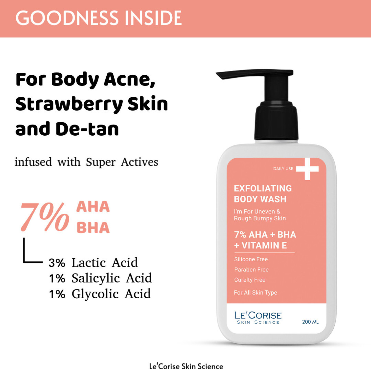 Image of Le'Corise 7% AHA BHA Exfoliating Body Wash | De-Tan Glycolic & Salicylic Acid Shower Gel