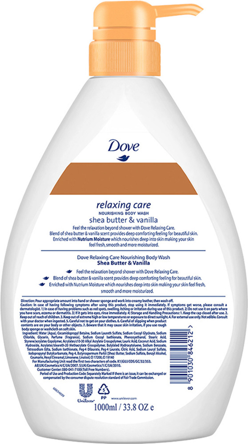 Image of DOVE Relaxing Shea Butter Body Wash with Vanilla for Soft Skin, Soothing Scent