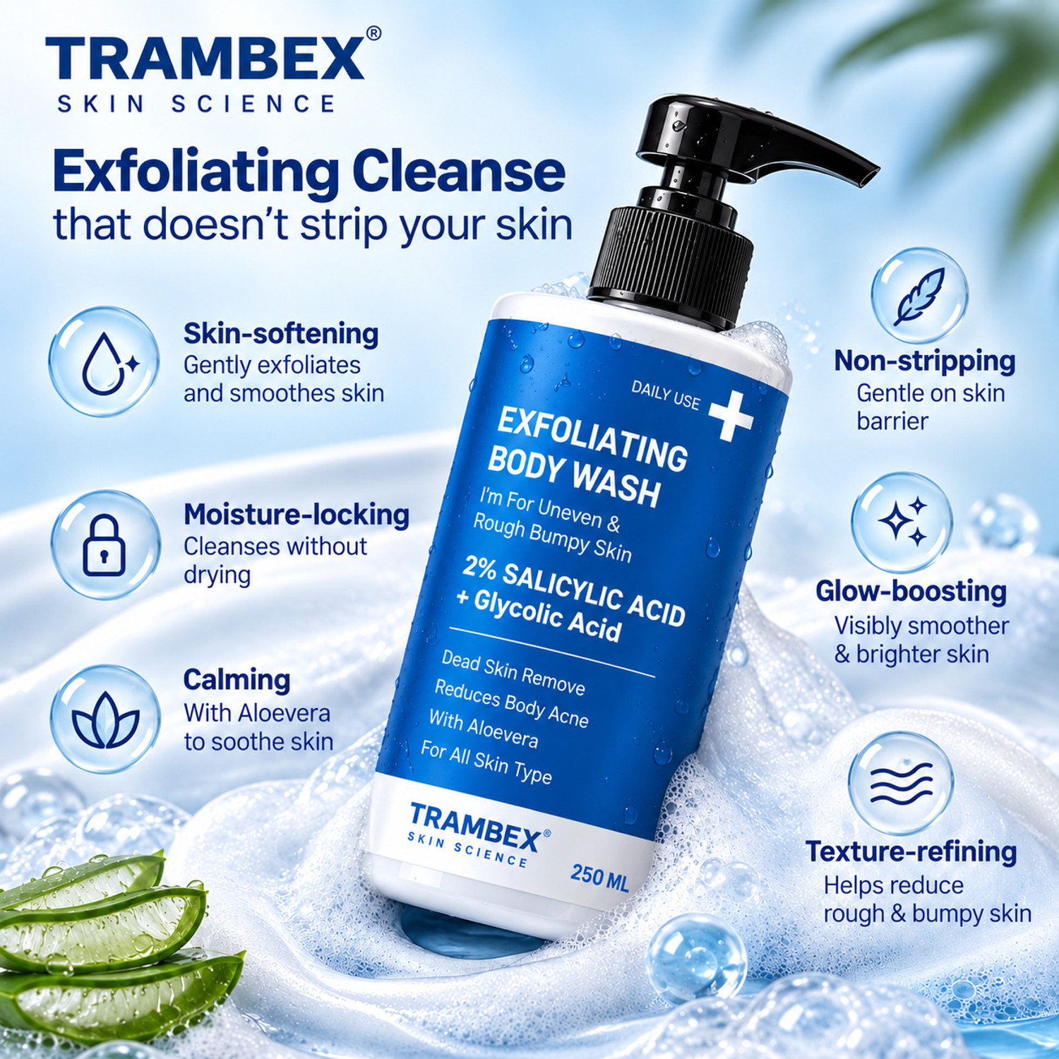 Image of Trambex 2% Salicylic Acid Exfoliating Body Wash | Prevents Back & Body Acne |Shower Gel