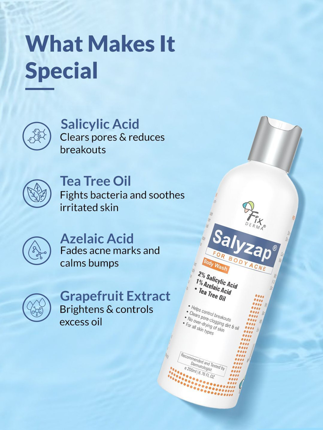 Image of Fixderma 2% Salicylic Acid Salyzap Body Wash For Body Acne, Back, Shoulders, Arms Acne