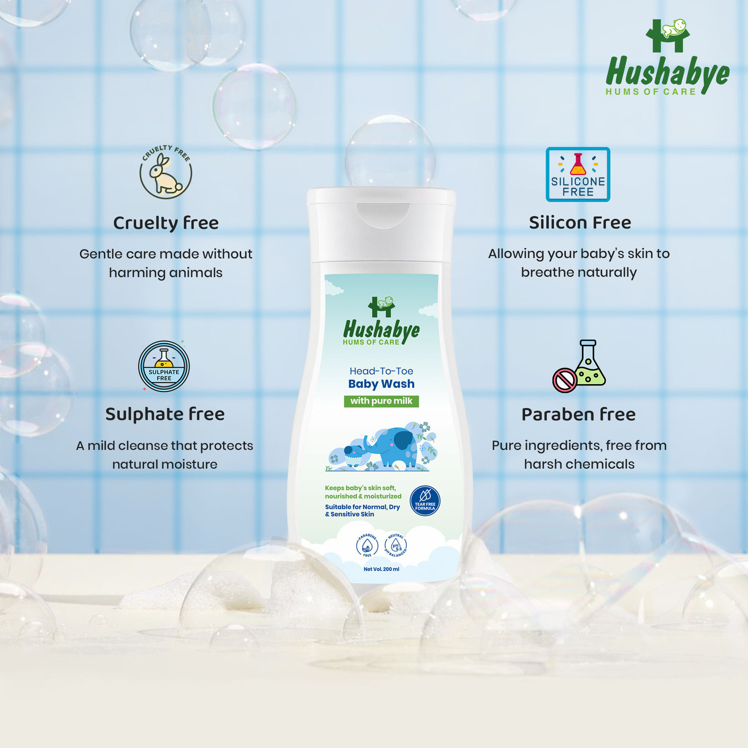 Image of Hushabye Head-To-Toe Baby Wash With Pure Milk & Pro Vitamin B5, Ph Balanced, Tear-Free