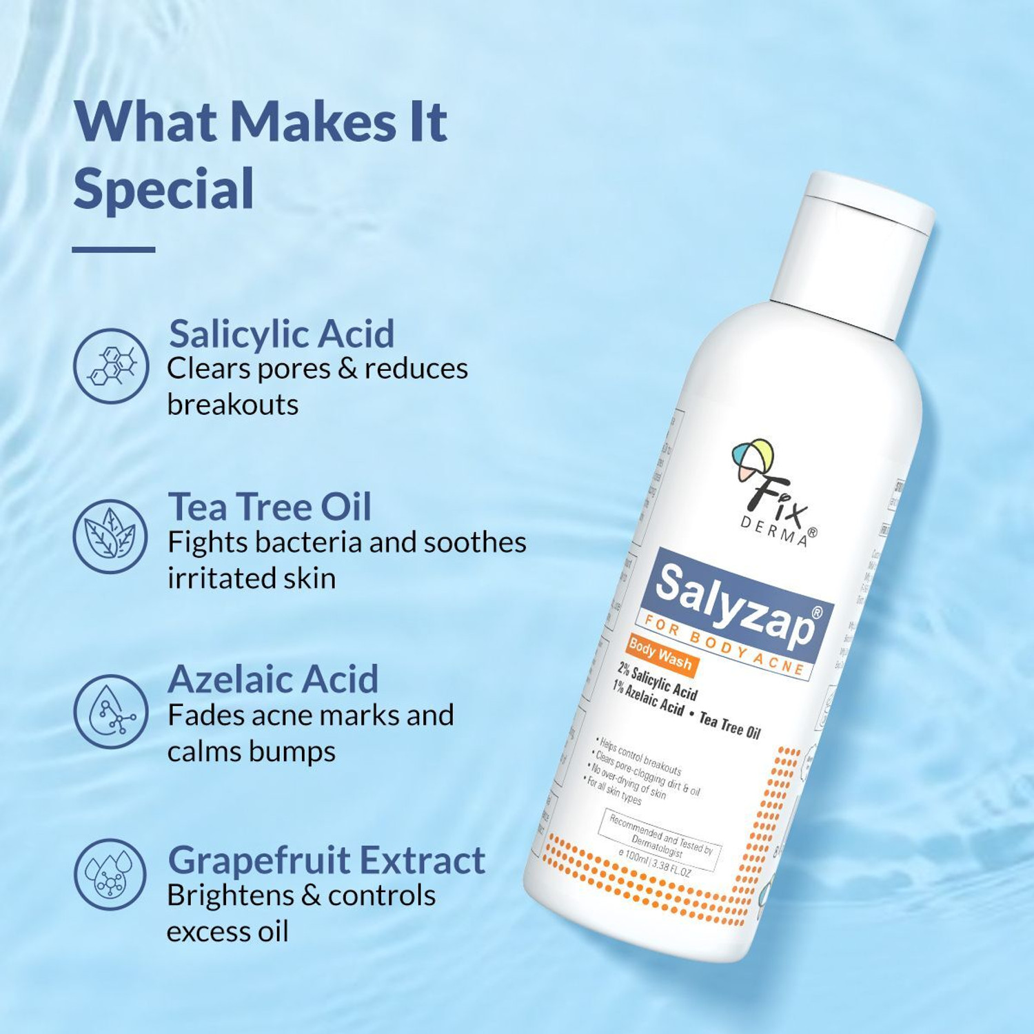 Image of Fixderma 2% Salicylic Acid Salyzap Body Wash For Body Acne, Back, Shoulders, Arms Acne