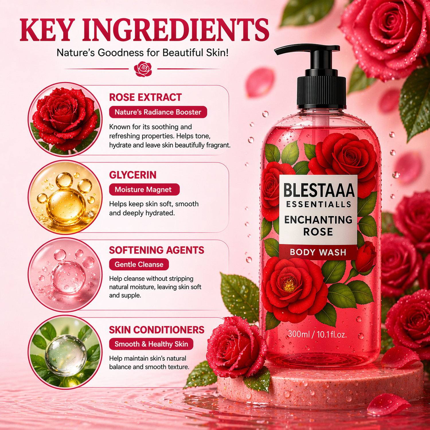 Image of blestaaa essentialss Rose Essence Body Wash for Deep Cleansing, Hydration and Skin Comfort