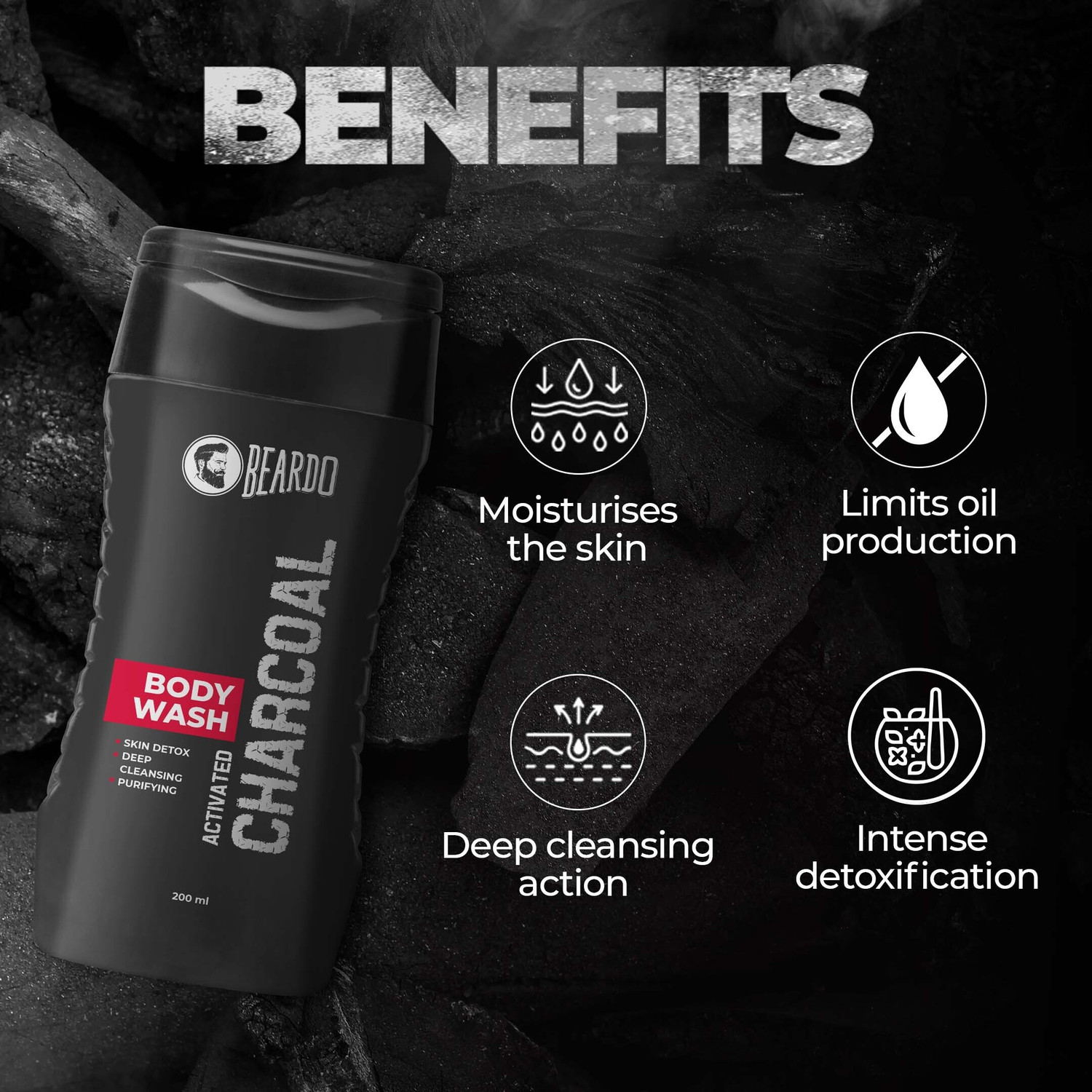 Image of BEARDO Activated Charcoal Body Wash for Men, 200ml | With Activated Charcoal | Soap Free | Deep Cleansing | Skin Detox | Anti-Pollution | For Body & Face| Refreshing Fragrance