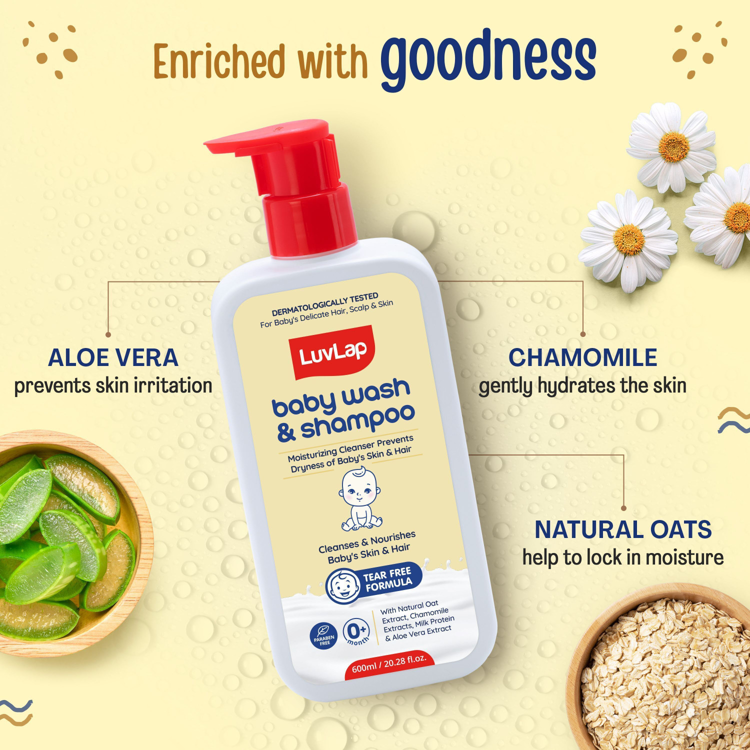 Image of LuvLap Baby Wash & Shampoo with Chamomile, Milk Protein, Oatmeal & Shea Butter