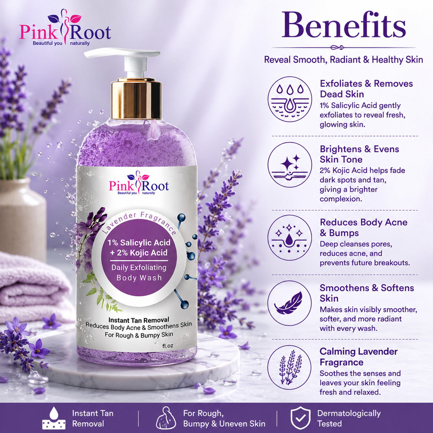 Image of PINKROOT 1% Salicylic Acid & 2% Kojic Acid Shower Gel /Body Wash