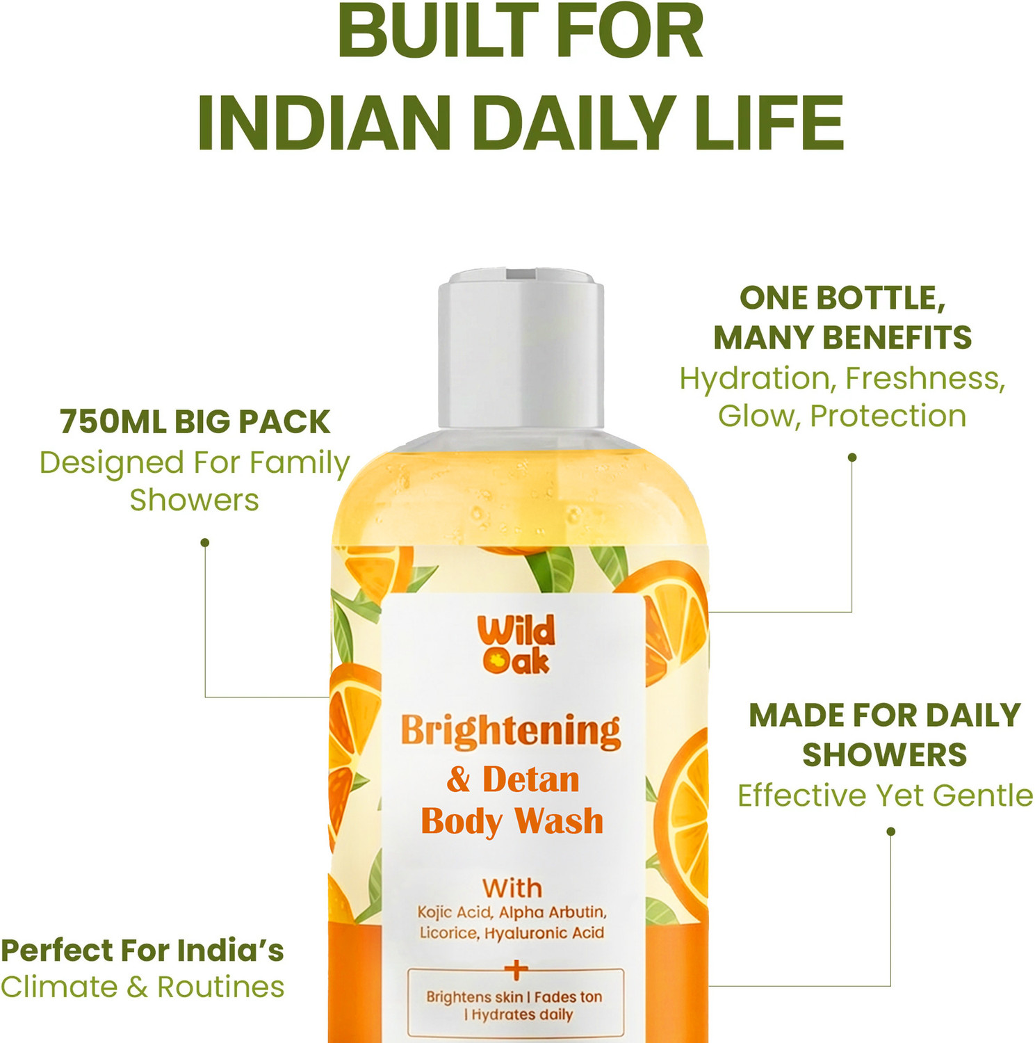 Image of Wild Oak Brightening & DeTan Body Wash | Boost Glow & Even Skin Tone Shower Gel