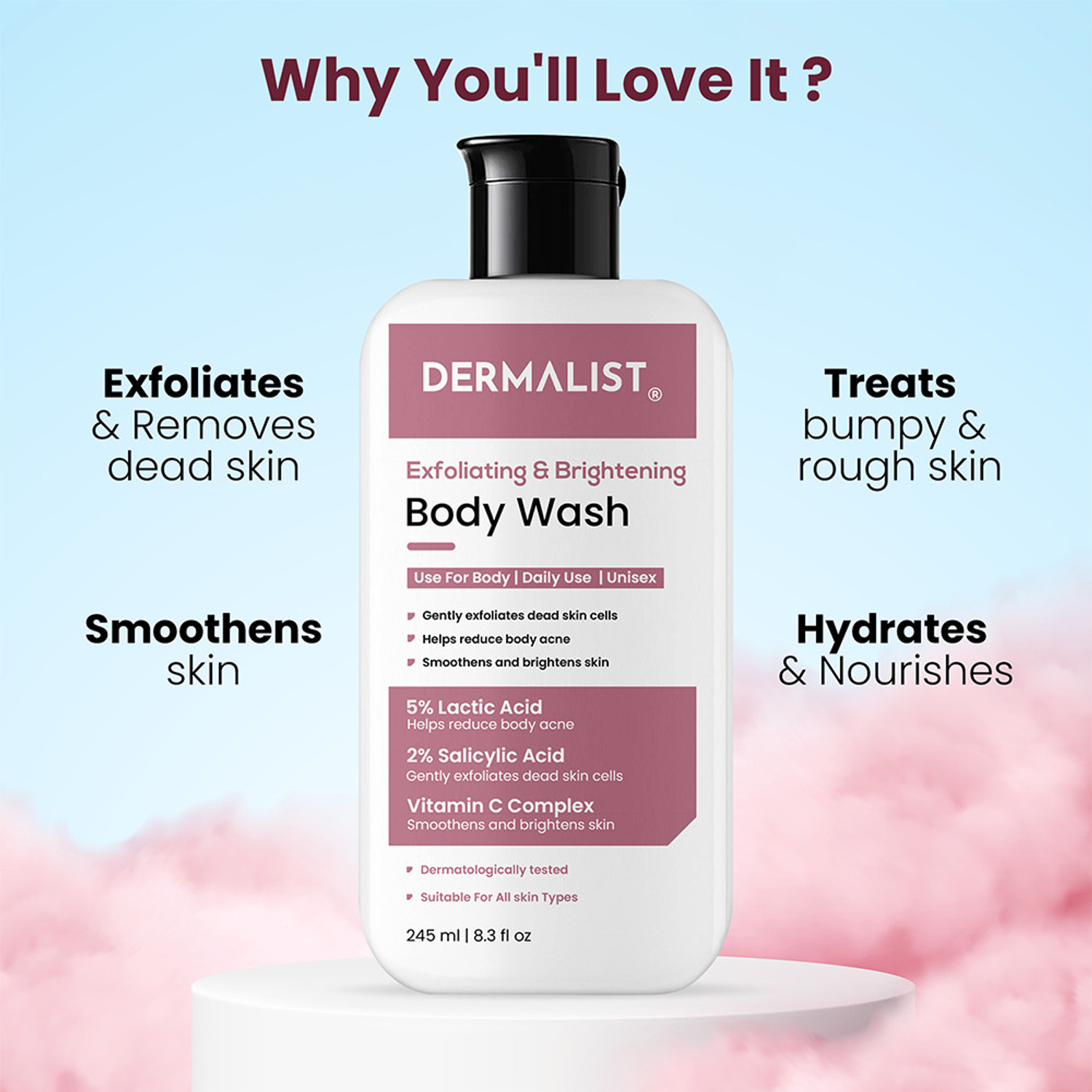 Image of Dermalist Exfoliating Body Wash Lactic Acid & Salicylic Acid De-Tan Shower Gel Men & Women