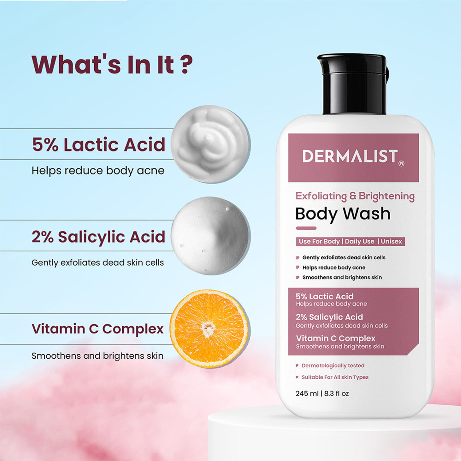 Image of Dermalist Exfoliating Body Wash Lactic Acid & Salicylic Acid De-Tan Shower Gel Men & Women