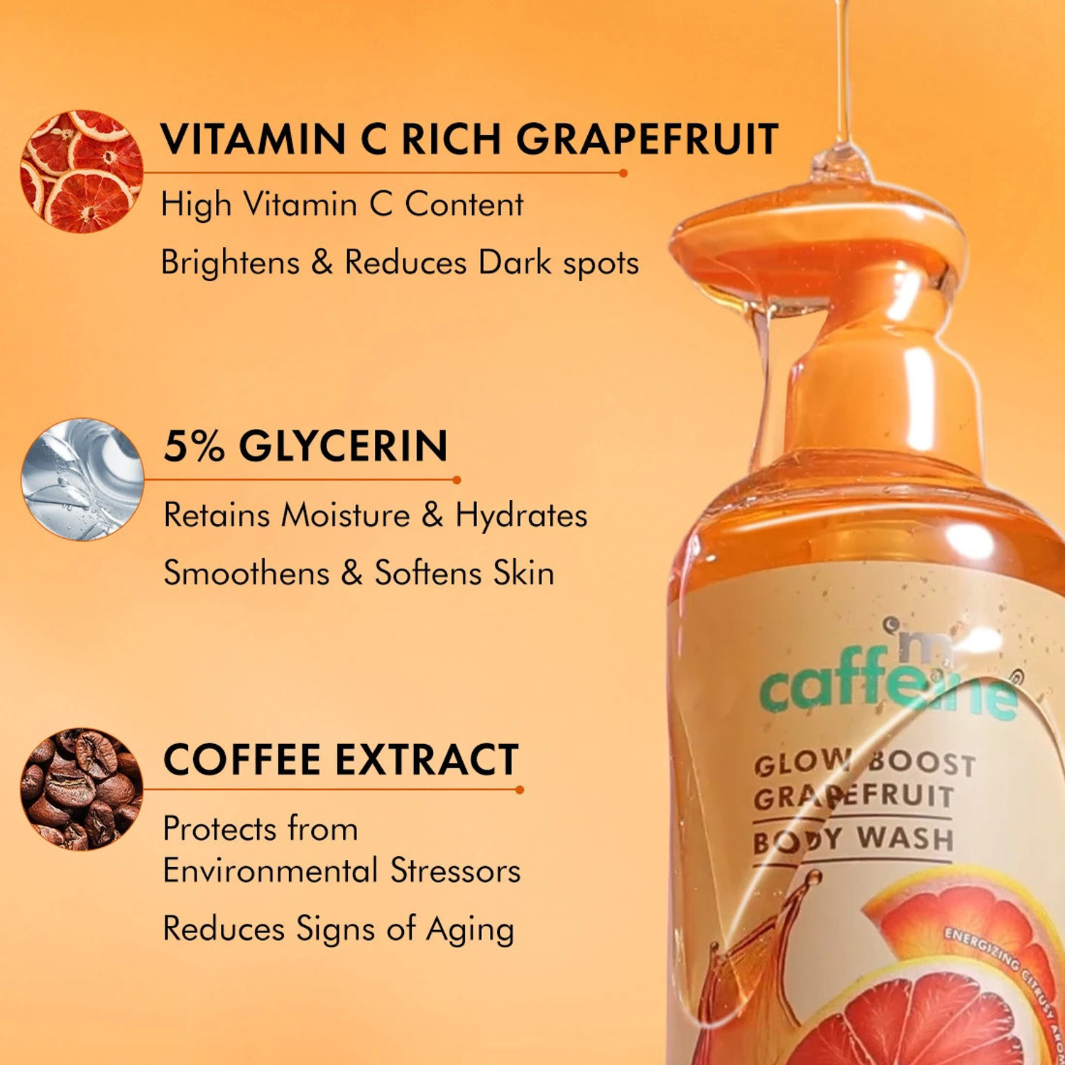 Image of mCaffeine Glow Boost Grapefruit Body Wash | 5% Glycerin & Vitamin C for Soft & Smooth Skin