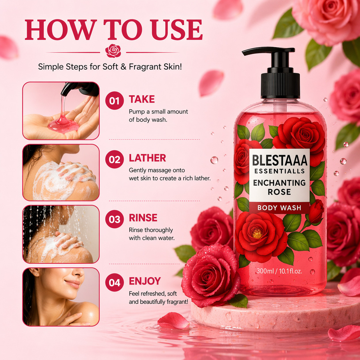 Image of blestaaa essentialss Rose Essence Body Wash for Deep Cleansing, Hydration and Skin Comfort