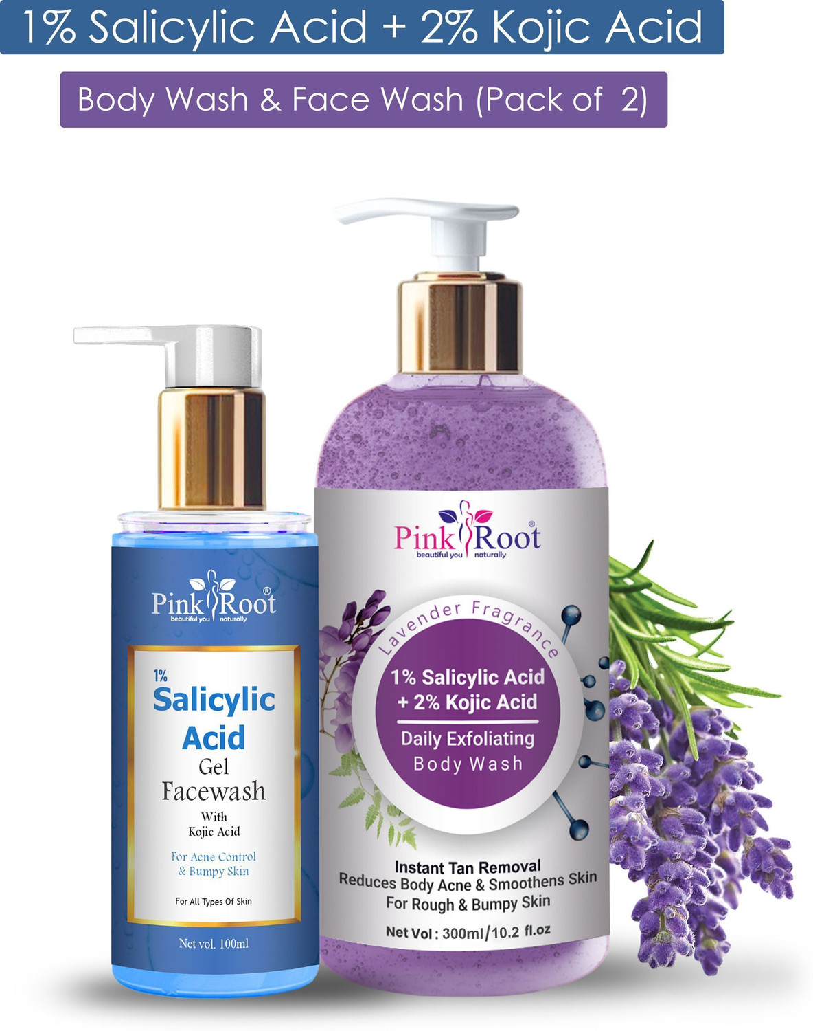 Image of Pink Root 1% Salicylic Acid & 2% Kojic Acid Shower Gel /Body Wash 300ml & Face wash 100ml