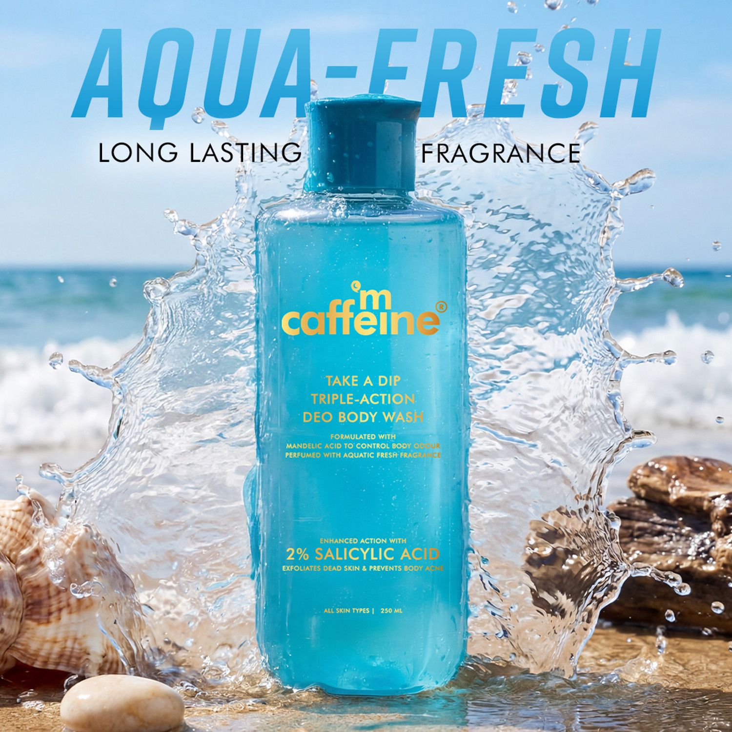 Image of mCaffeine 3-in-1 Perfume Body Wash, Odour Control, Aqua-Fresh, Smooth bump-free skin -
