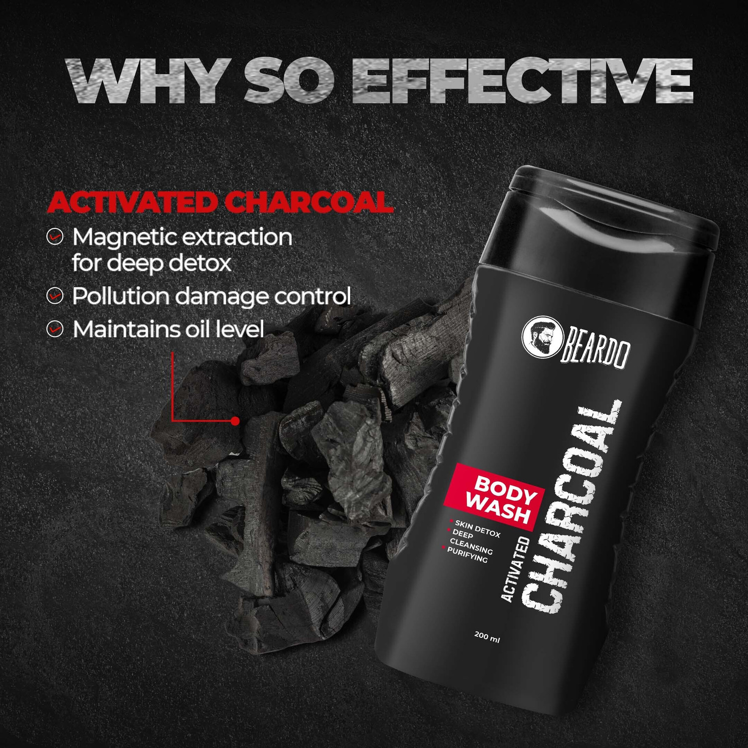 Image of BEARDO Activated Charcoal Body Wash for Men, 200ml | With Activated Charcoal | Soap Free | Deep Cleansing | Skin Detox | Anti-Pollution | For Body & Face| Refreshing Fragrance