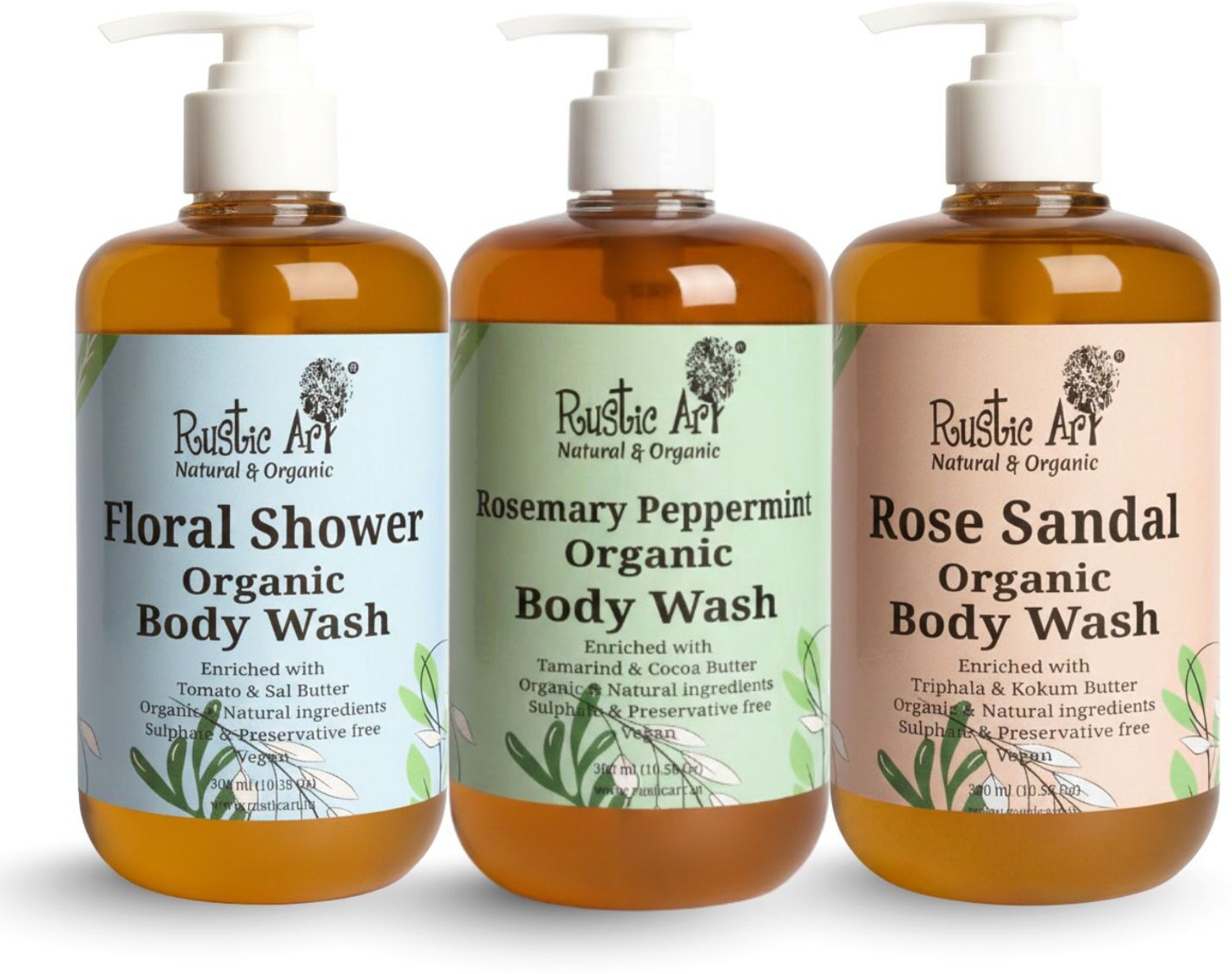 Image of RUSTIC ART Organic Body Wash Combo Rose Sandal|Floral Shower|Rosemary Peppermint|