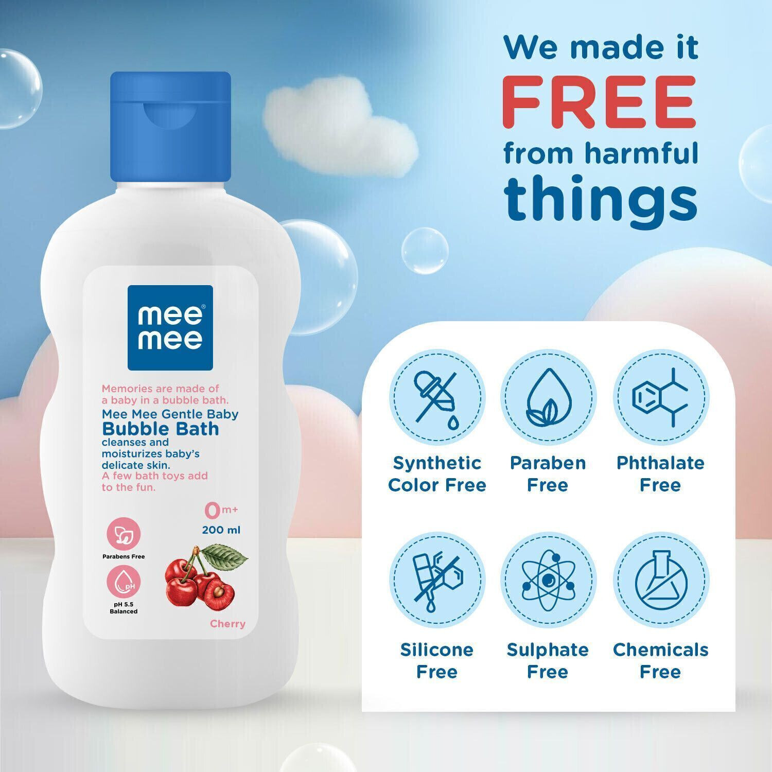 Image of MeeMee Foamy Mild Bubble Bath with Cherry Extracts Baby Body Wash Dermatological Tested