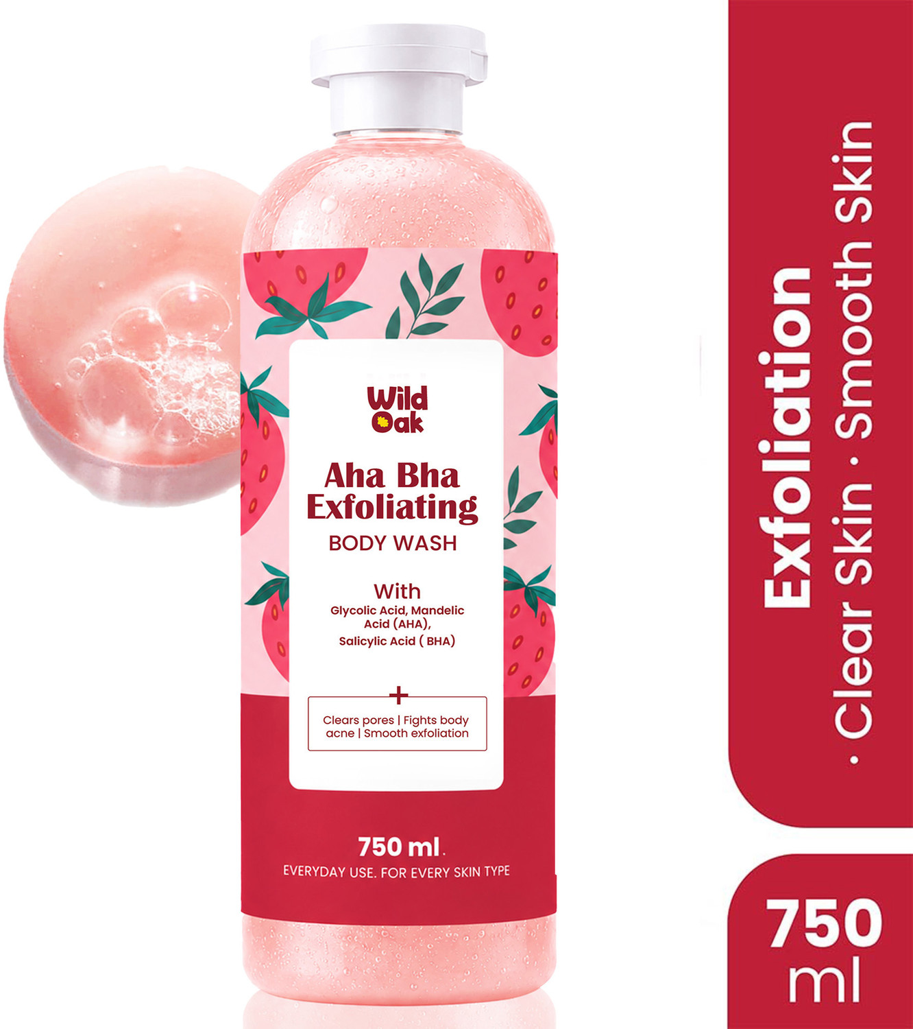 Image of Wild Oak AHA BHA Exfoliating Body Wash | For Body Acne, Smooths Bumps & Strawberry Skin