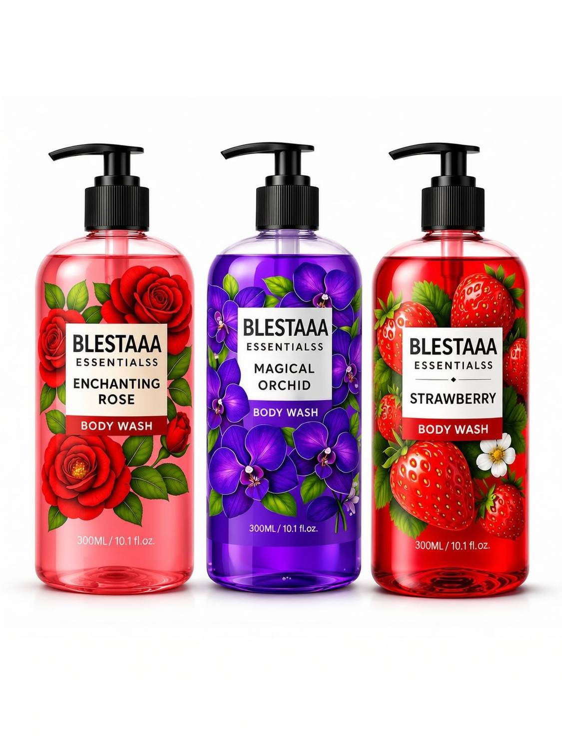Strawberry, Rose & Orchid Body Wash Combo Pack for Soft & Fresh Skin Care - Image 1