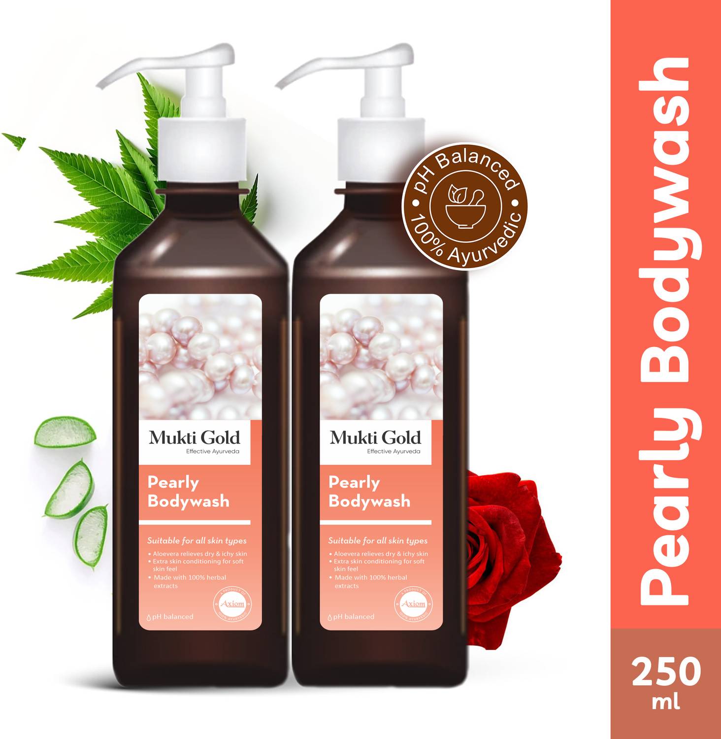AXIOM Mukti Gold Pearly Bodywash 250 ml | Suitable for All skin Types | Aloevera Relieves Dry & Ichy Skin | Extra Skin Conditioning For Soft Skin Feel | Made With 100% Herbal Extracts | Family Pack | Pack Of 2