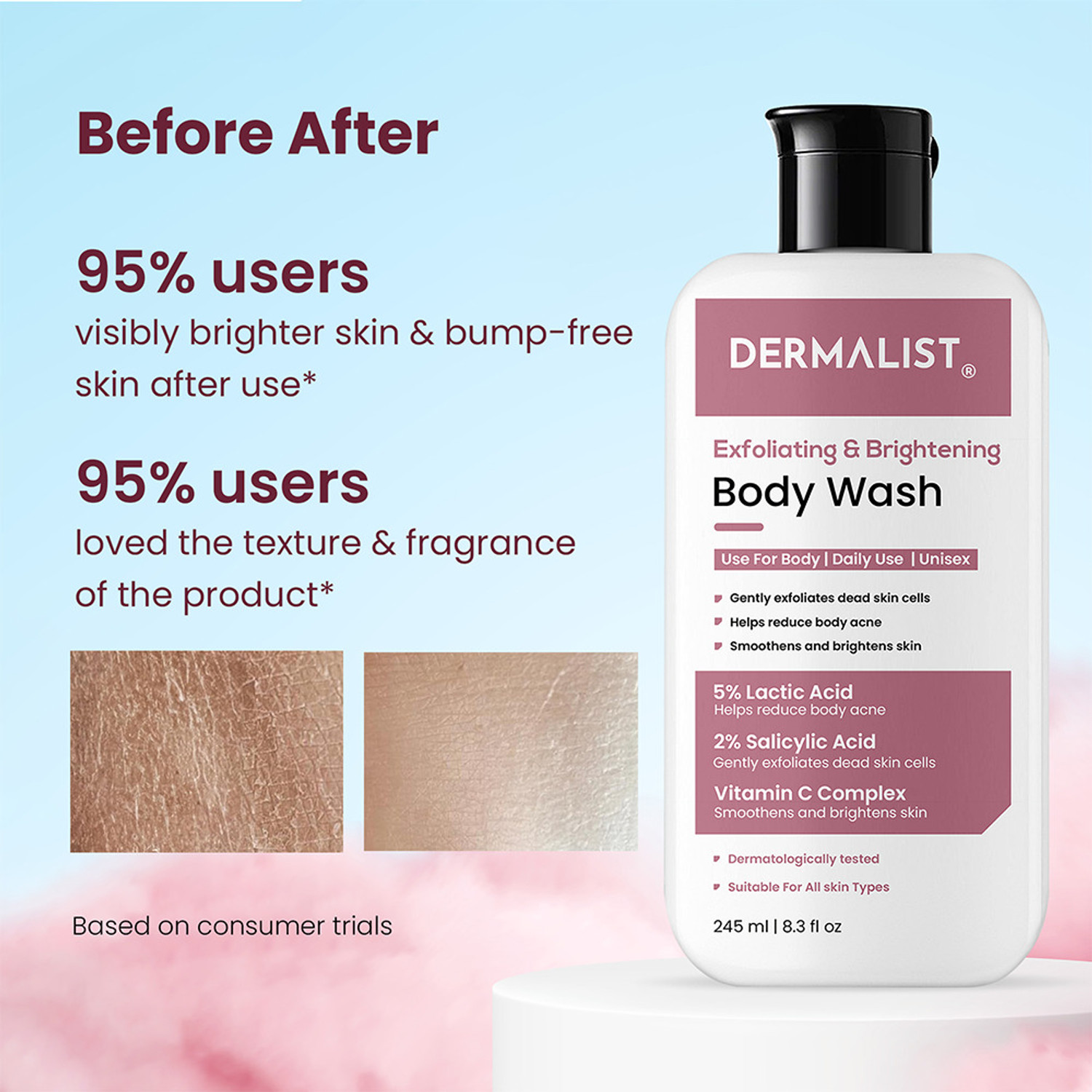 Image of Dermalist Exfoliating Body Wash Lactic Acid & Salicylic Acid De-Tan Shower Gel Men & Women