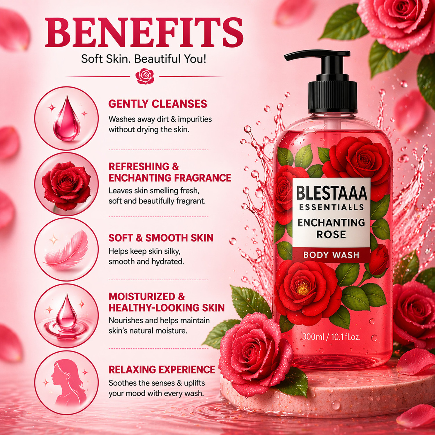 Image of blestaaa essentialss Rose Essence Body Wash for Deep Cleansing, Hydration and Skin Comfort