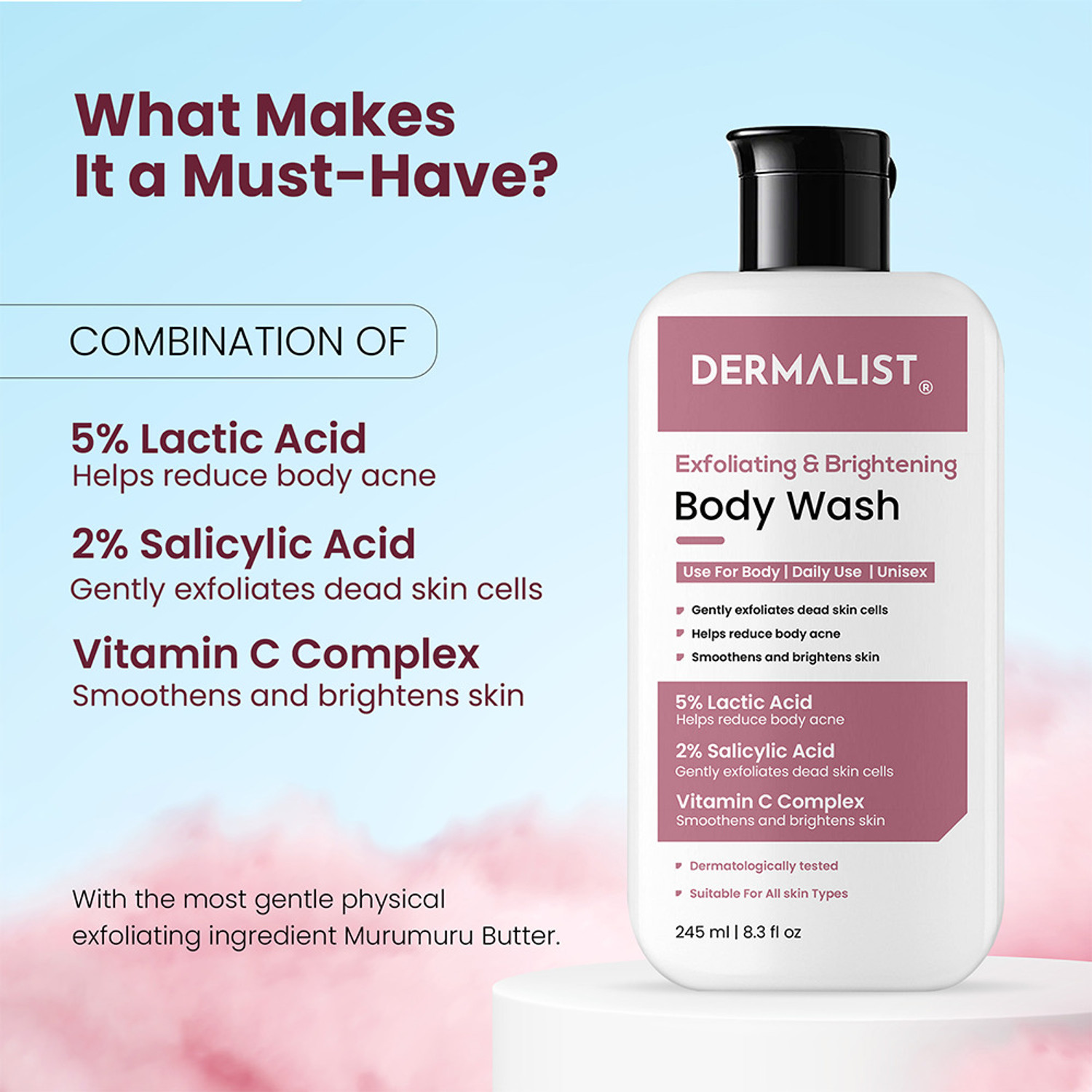 Image of Dermalist Exfoliating Body Wash Lactic Acid & Salicylic Acid De-Tan Shower Gel Men & Women