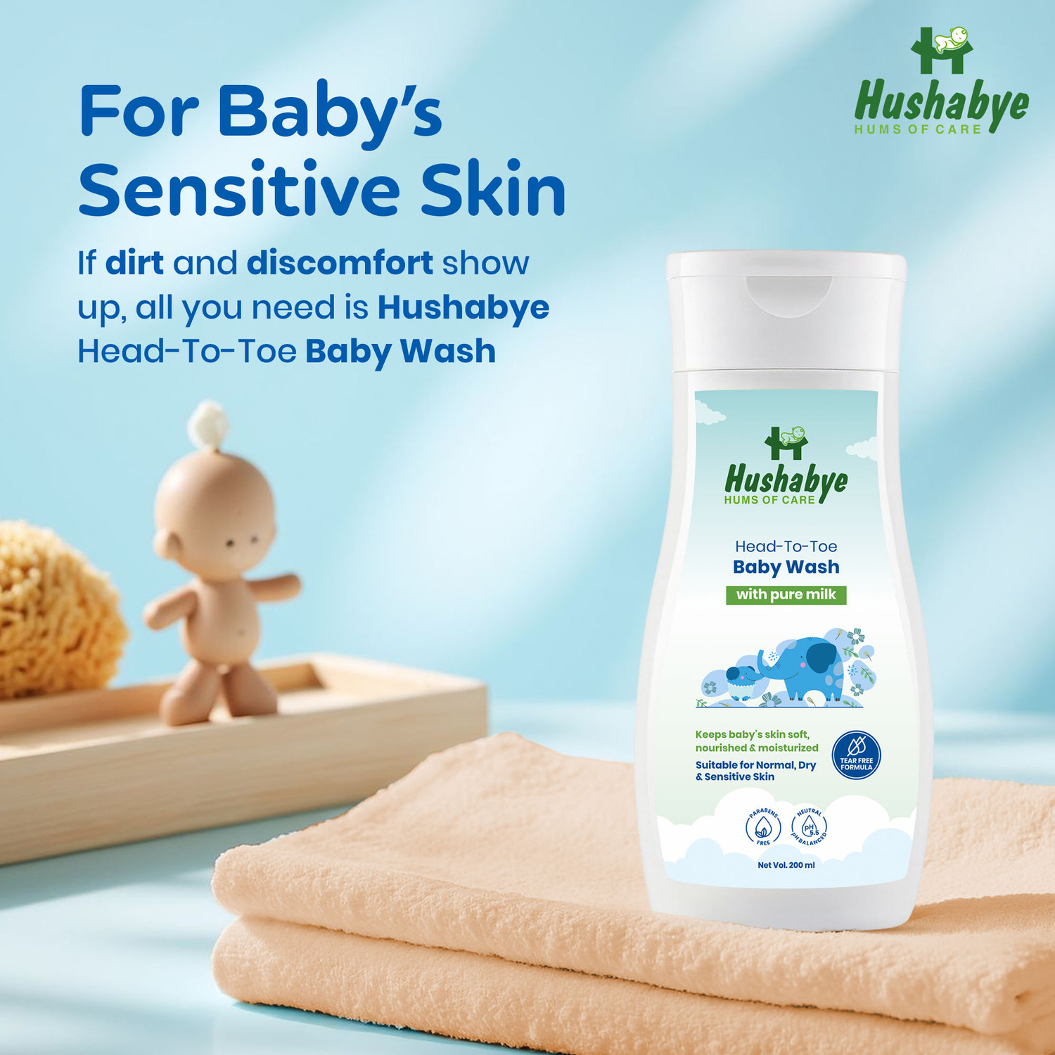 Image of Hushabye Head-To-Toe Baby Wash With Pure Milk & Pro Vitamin B5, Ph Balanced, Tear-Free