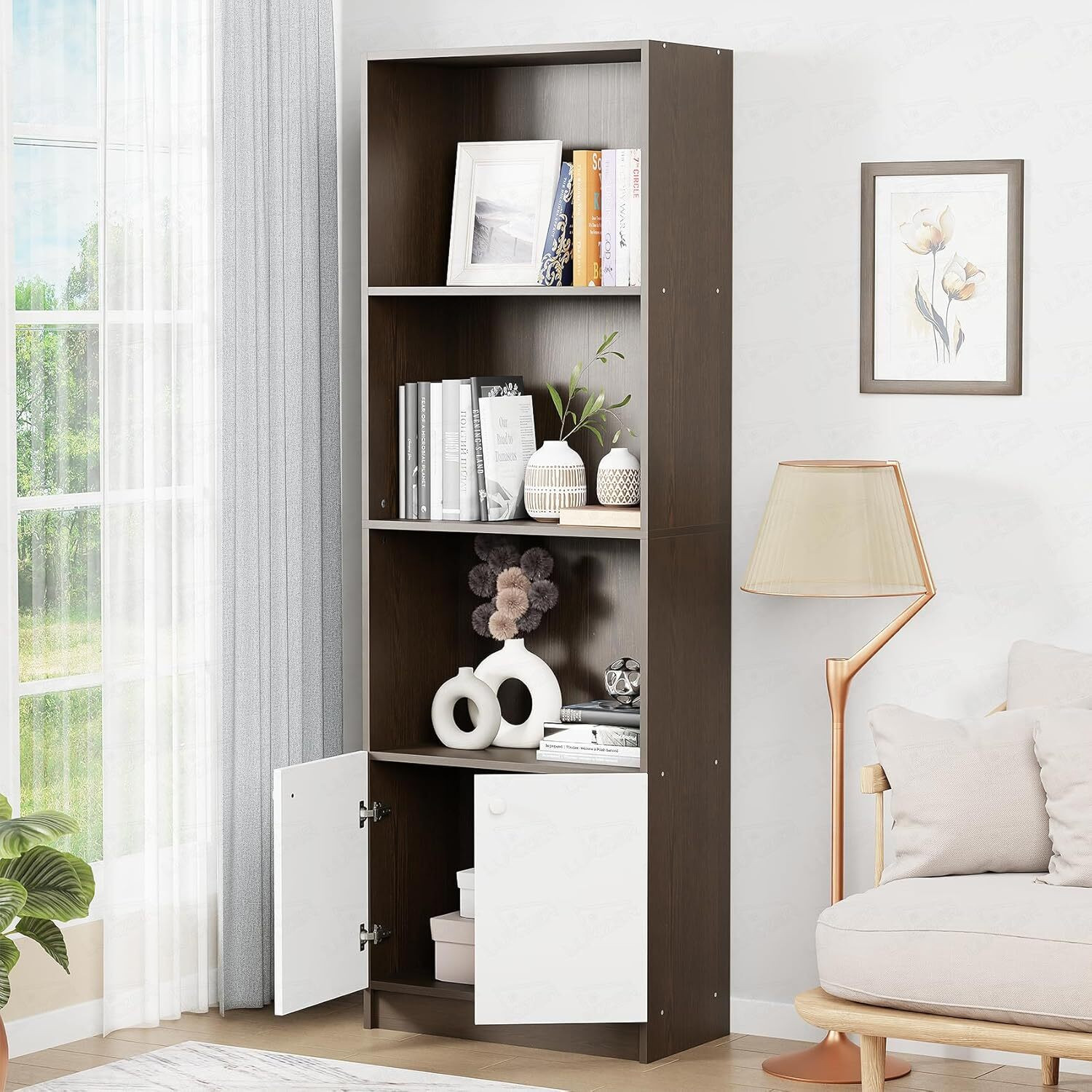 Image of LUKZER 4-Layer Bookcase with Latch Door Multipurpose Rack (MR-020) Engineered Wood Open Book Shelf