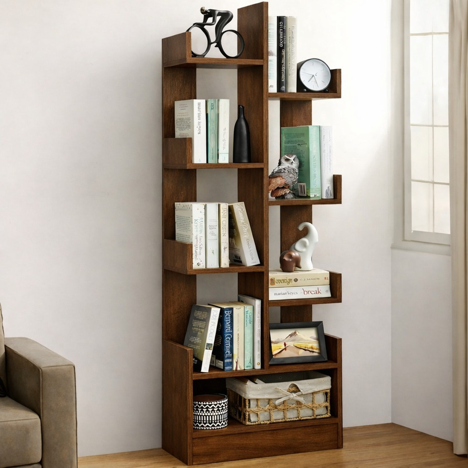 Image of Sasimo 9 Shelf Wooden Multipurpose Book Storage Display Organizer Rack Solid Finish Engineered Wood Open Book Shelf