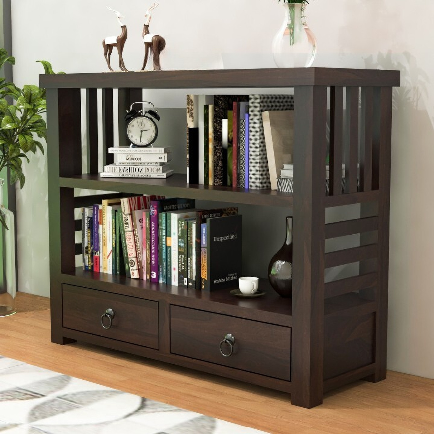 Image of CLANECRAFT Solid Sheesham Wood Book Shelf For Study Room / Living Room / Library | Solid Wood Semi-Open Book Shelf