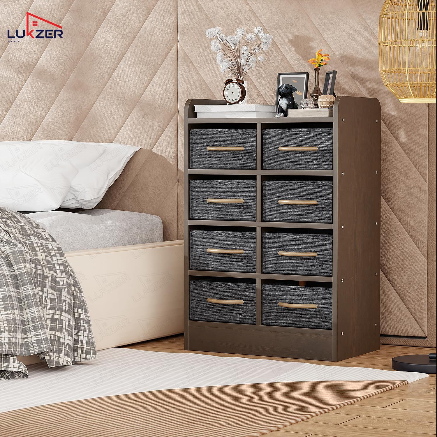 Image of LUKZER 8 Drawer Storage Organizer Cabinet with Fabric Bins (MR-028) Engineered Wood Close Book Shelf