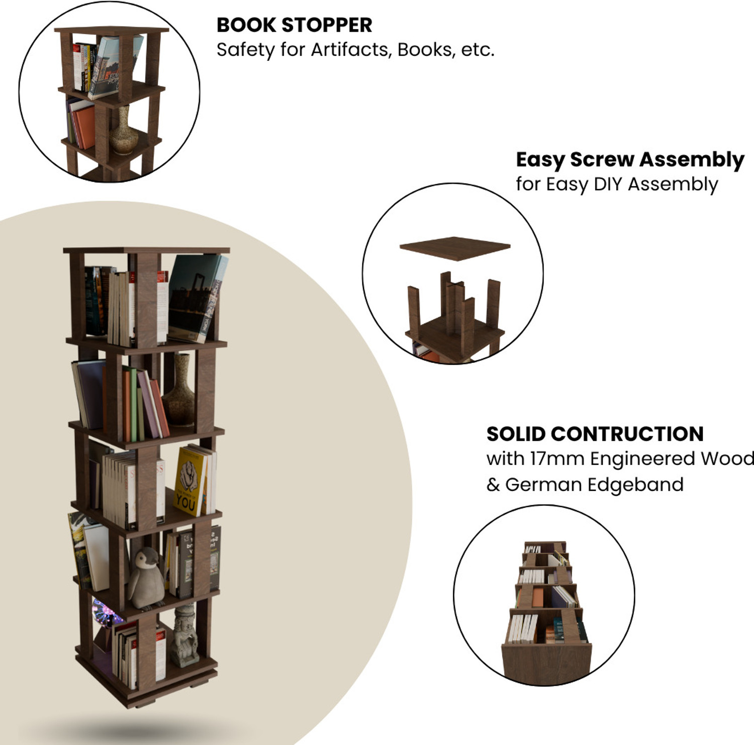 Image of Flipkart Perfect Homes Vela 5 Shelf Revolving Rotating Book Stopper 17mm Thick 150 x 38 x 38 cm Engineered Wood Open Book Shelf