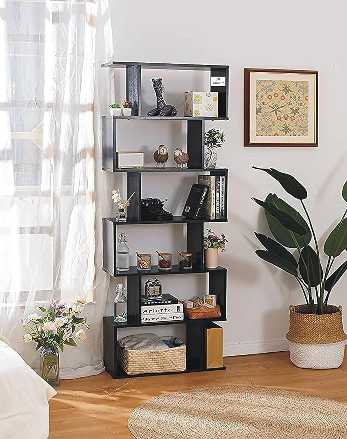 Image of KVS Furniture 6 Layer Ladder Bookshelf S Shape Engineered Wood Bookcase Engineered Wood Open Book Shelf