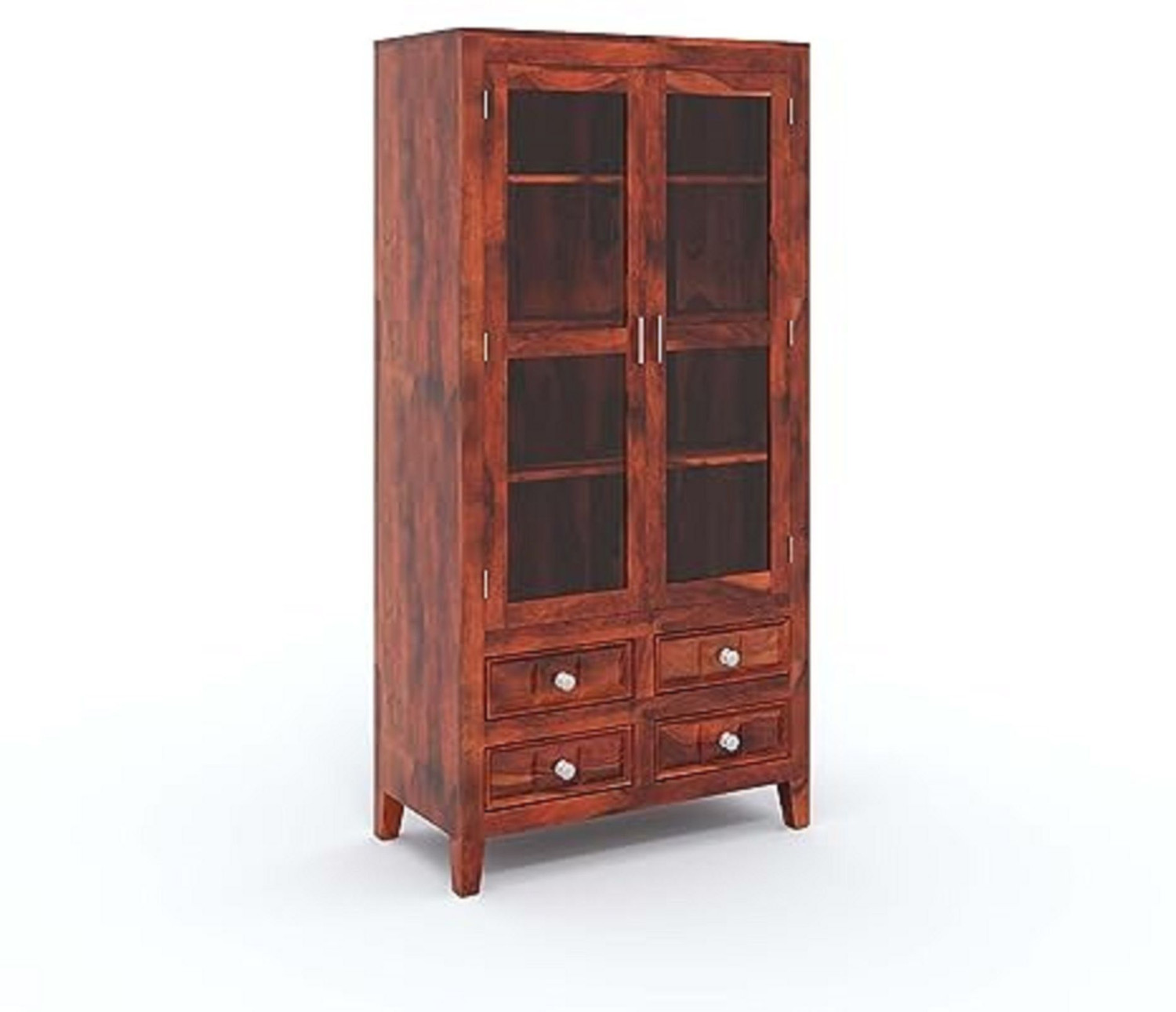 Image of WOODSTAGE Solid Wood Cabinet With 2 Glass Door & 4 Drawers Storage For Living Room Home Solid Wood Close Book Shelf