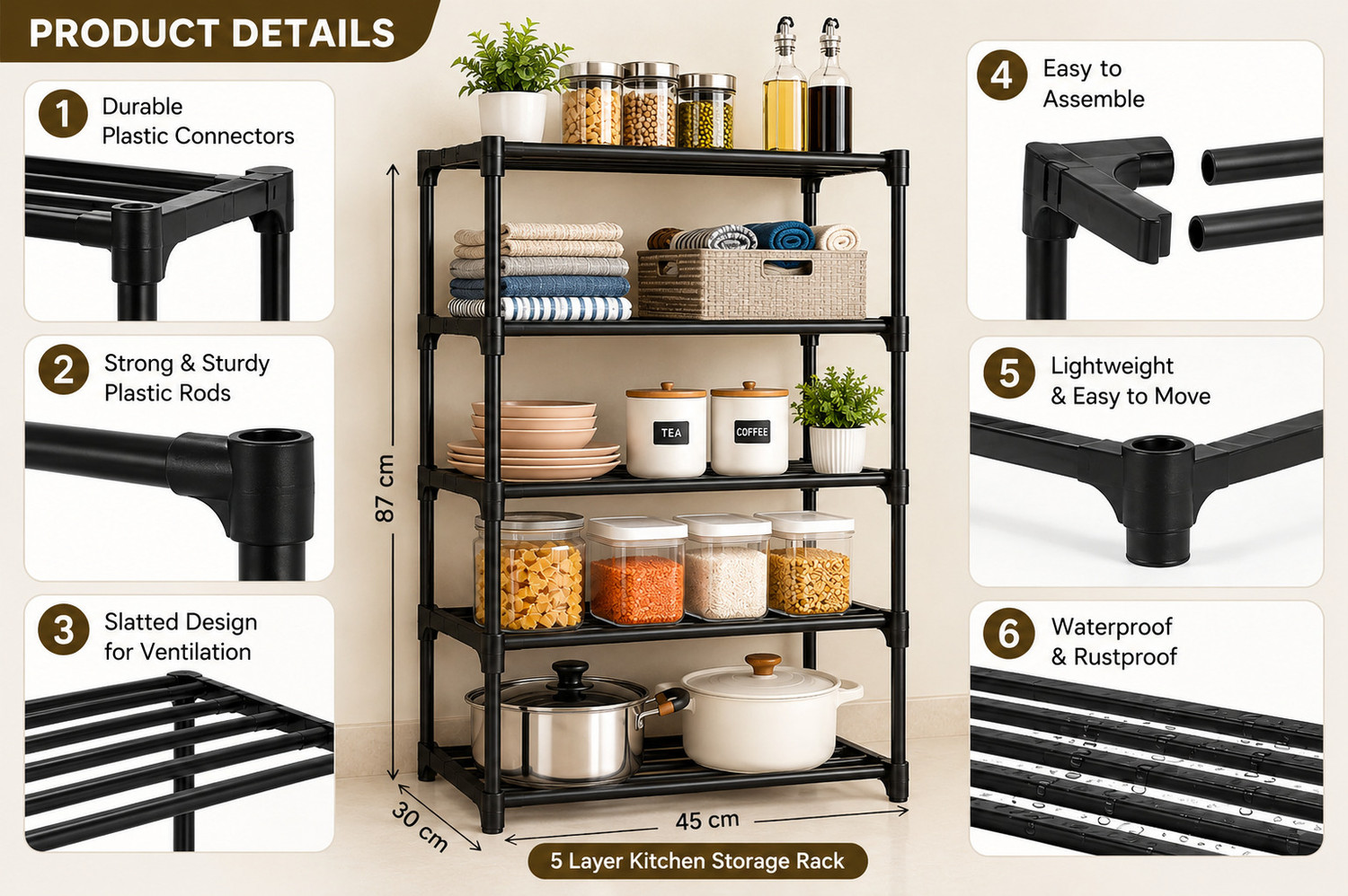 Image of KEVRIZ Plastic Collapsible Shoe Stand Plastic Wall Shelf (Number of Shelves - 5, Black)