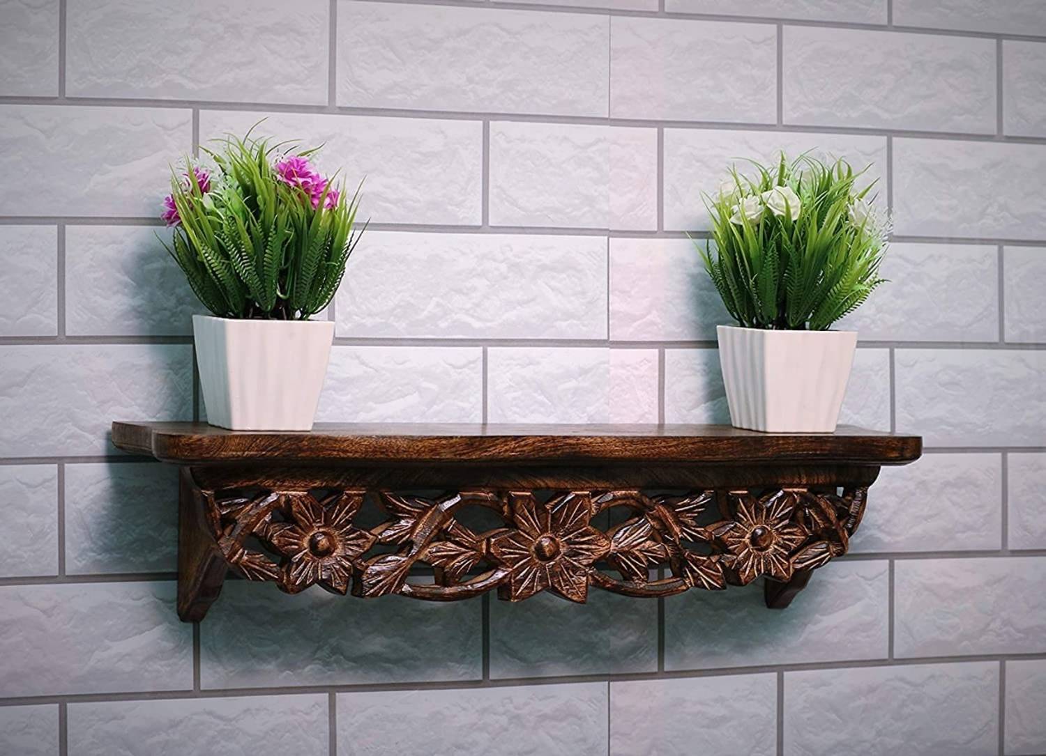 Bogenlite Hand Carved Wooden Wall D cor Shelf Mounted Bookshel