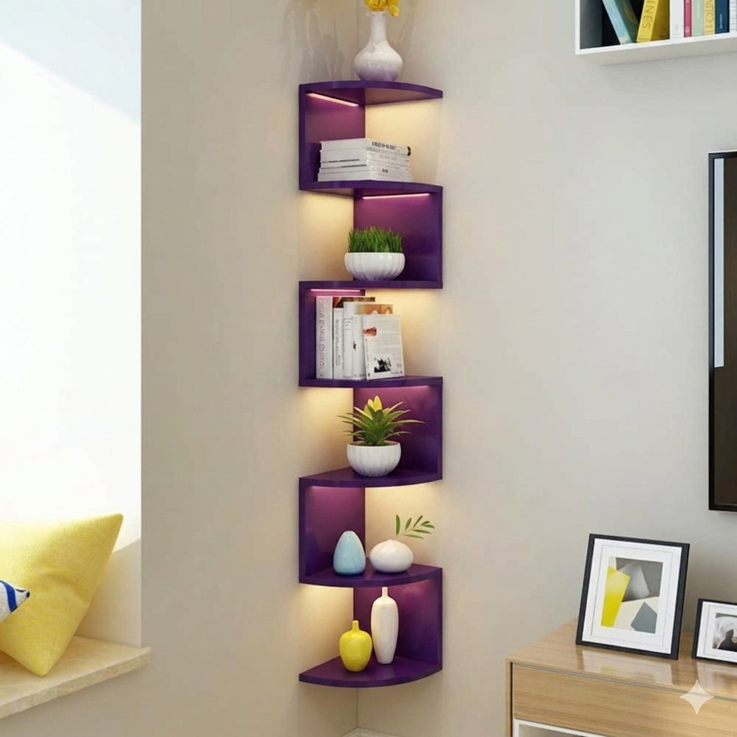 Image of Mark Wood Wall Mount Corner 7 Tier Engineered Wood Display Unit (Finish Color - Purple, DIY(Do-It-Yourself))