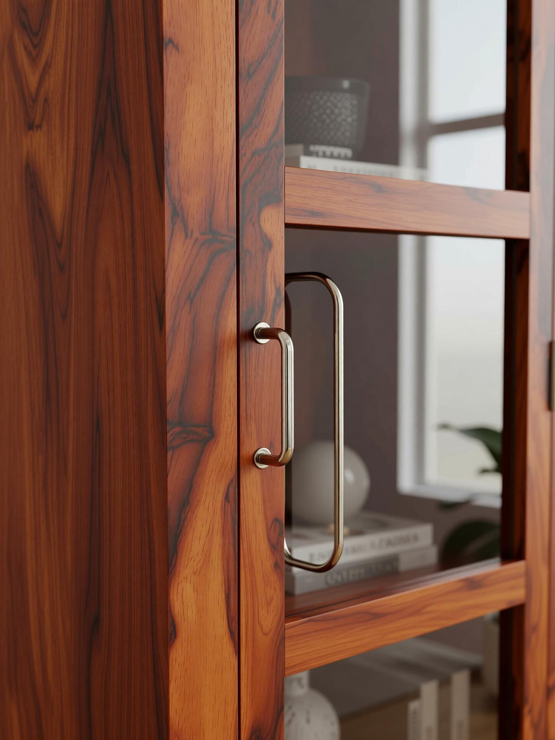 Image of WOODSTAGE Solid Wood Cabinet With 1 Glass Door & 5 Shelf Storage For Living Room Home Solid Wood Close Book Shelf