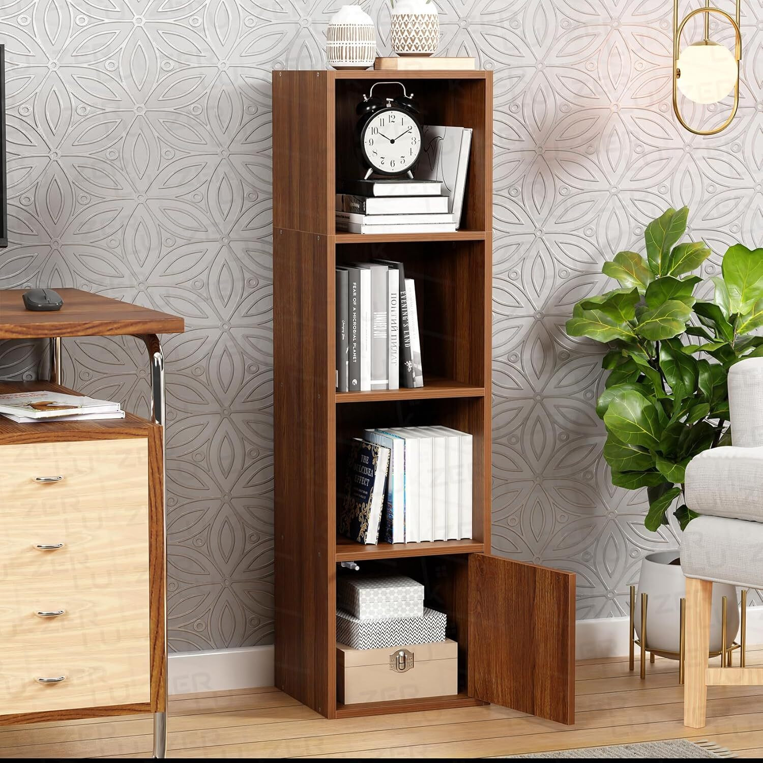 Image of LUKZER 4 Layer Storage Cabinet with Display Rack (MR-023) Engineered Wood Semi-Open Book Shelf