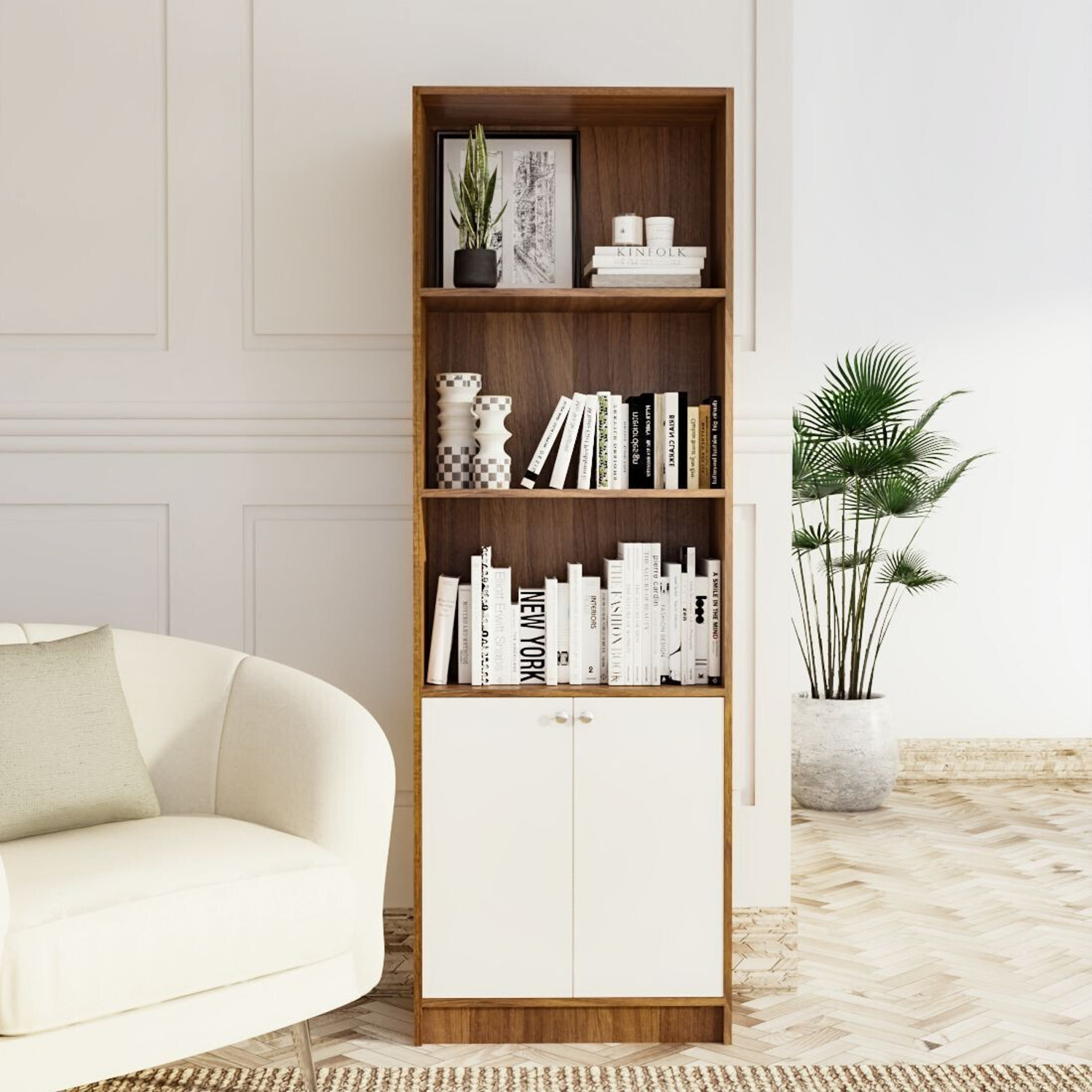 Image of neuspace Victor 2 Door Bookshelf | Multi Purpose Storage Unit for Kitchen, Living Room| Engineered Wood Semi-Open Book Shelf