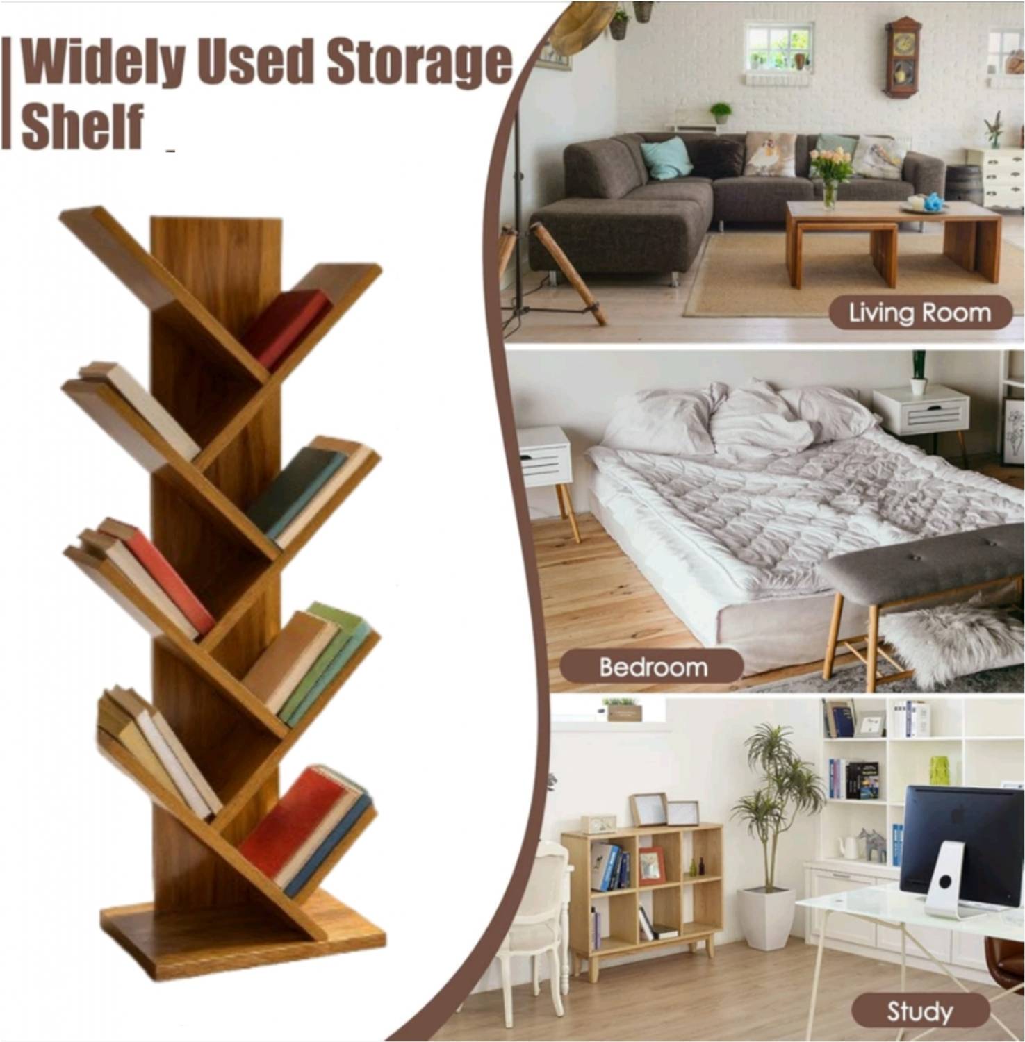 YESMOM 7 Tier Tree Shaped Wooden Book Rack Engineered Wood Open