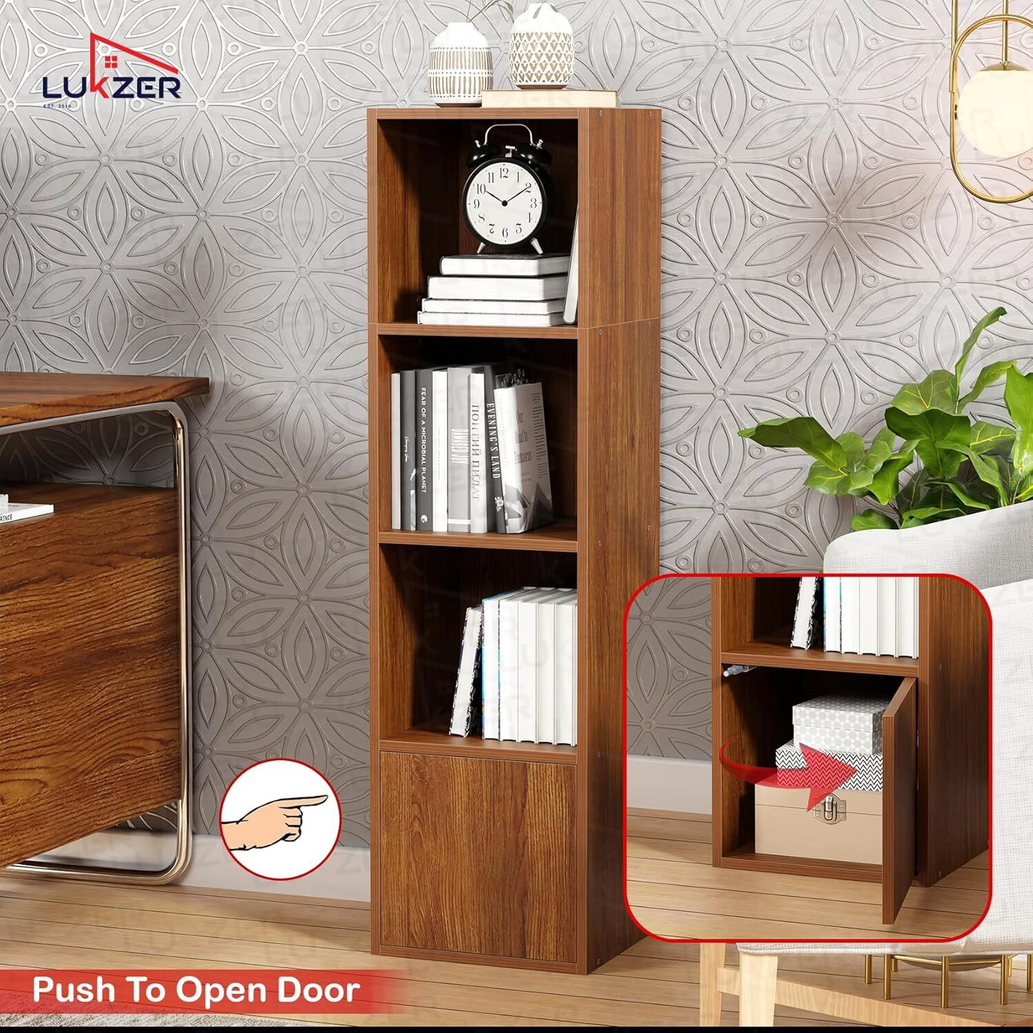 Image of LUKZER 4 Layer Storage Cabinet with Display Rack (MR-023) Engineered Wood Semi-Open Book Shelf