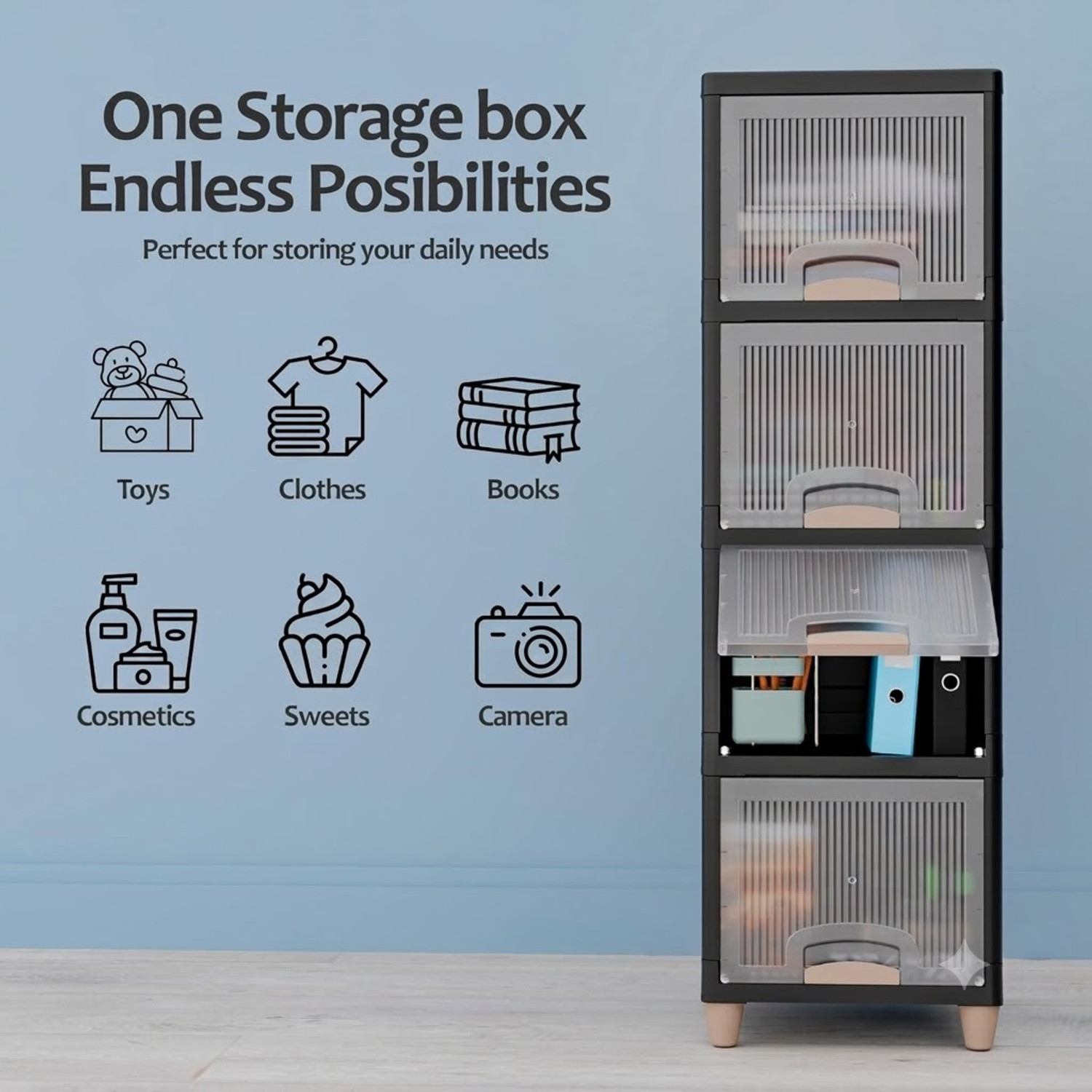Image of Sumoware 6 Layer Foldable Plastic Storage Cabinet with Transparent Doors for Books, Plastic Free Standing Cabinet