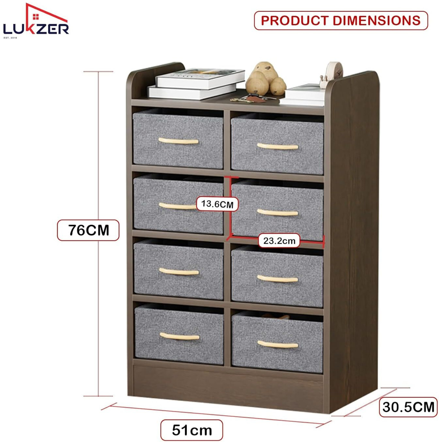 Image of LUKZER 8 Drawer Storage Organizer Cabinet with Fabric Bins (MR-028) Engineered Wood Close Book Shelf